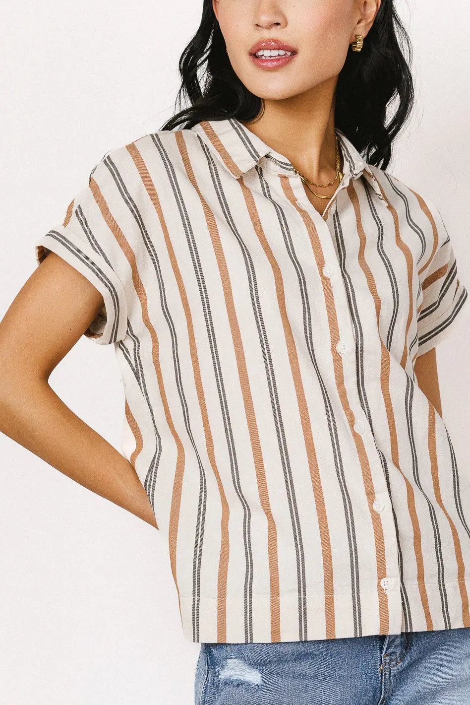Gabby Striped Button Up Shirt for Women in Tan | Casual & Office Wear | Final Sale