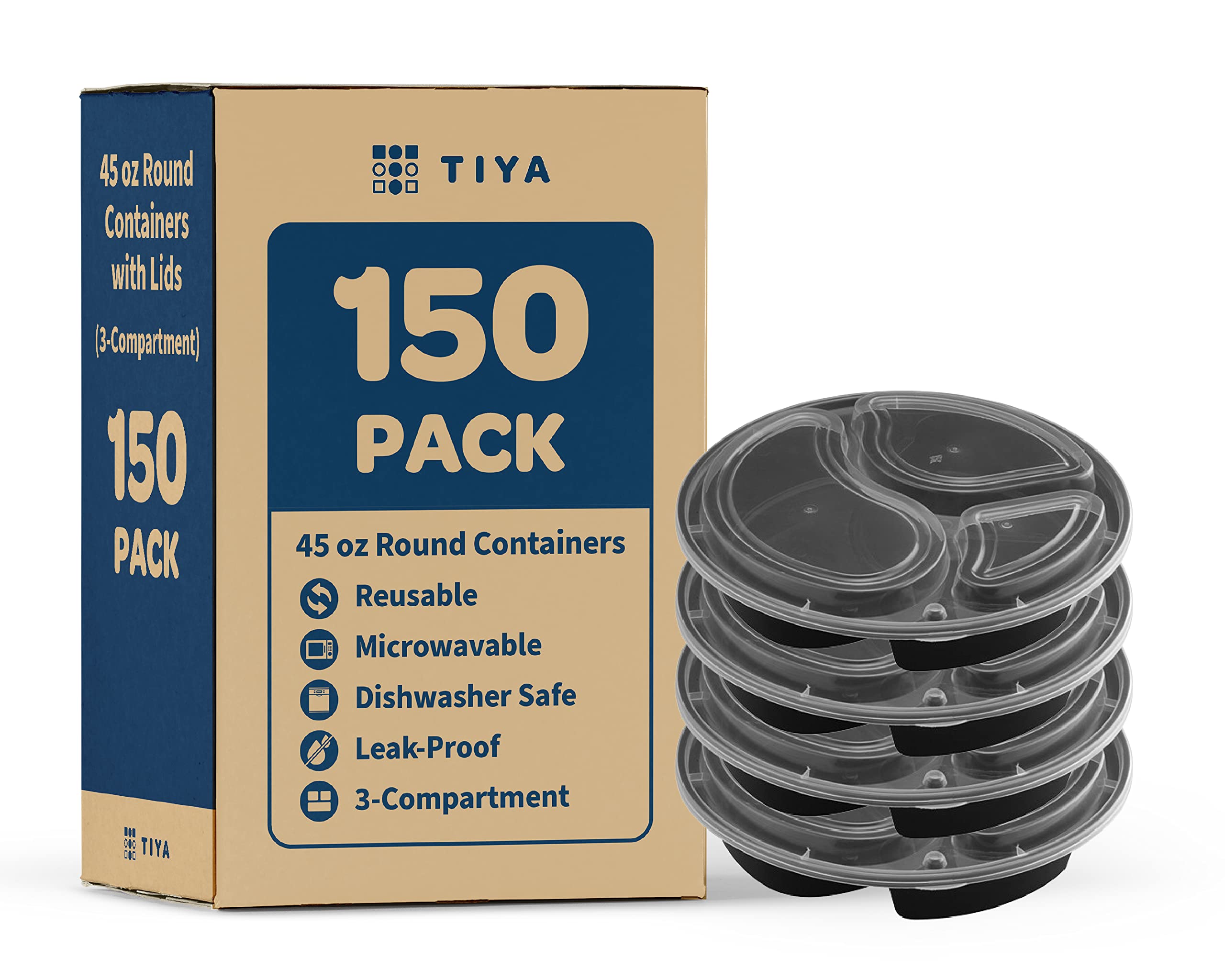 TIYA 45 oz Takeout Food Containers - Bulk 150 Pack with Lids - Round 3-Compartment Microwave Safe Meal Prep Containers - Reusable, Dishwasher Safe & Leak-Proof - BPA-Free Plastic To-Go Boxes for Restaurants, Catering, Picnics & Leftovers Storage