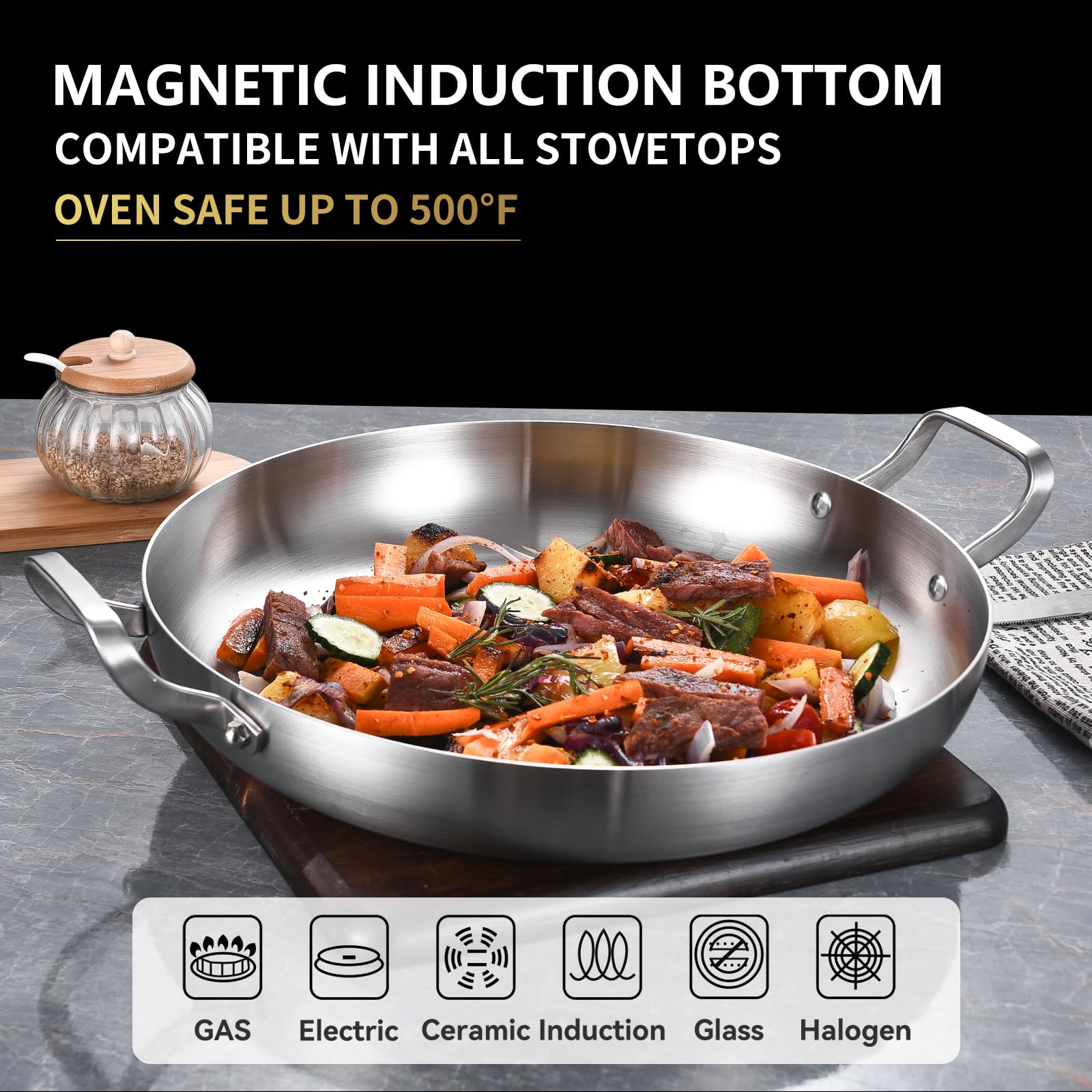 Inqibee 12-Inch Tri-Ply Stainless Steel Paella Pan - Large Induction Skillet, Griddle & Frying Pan - Oven & Dishwasher Safe Cookware for Seafood, Rice Dishes & Family Meals - Silver IQB-3ply