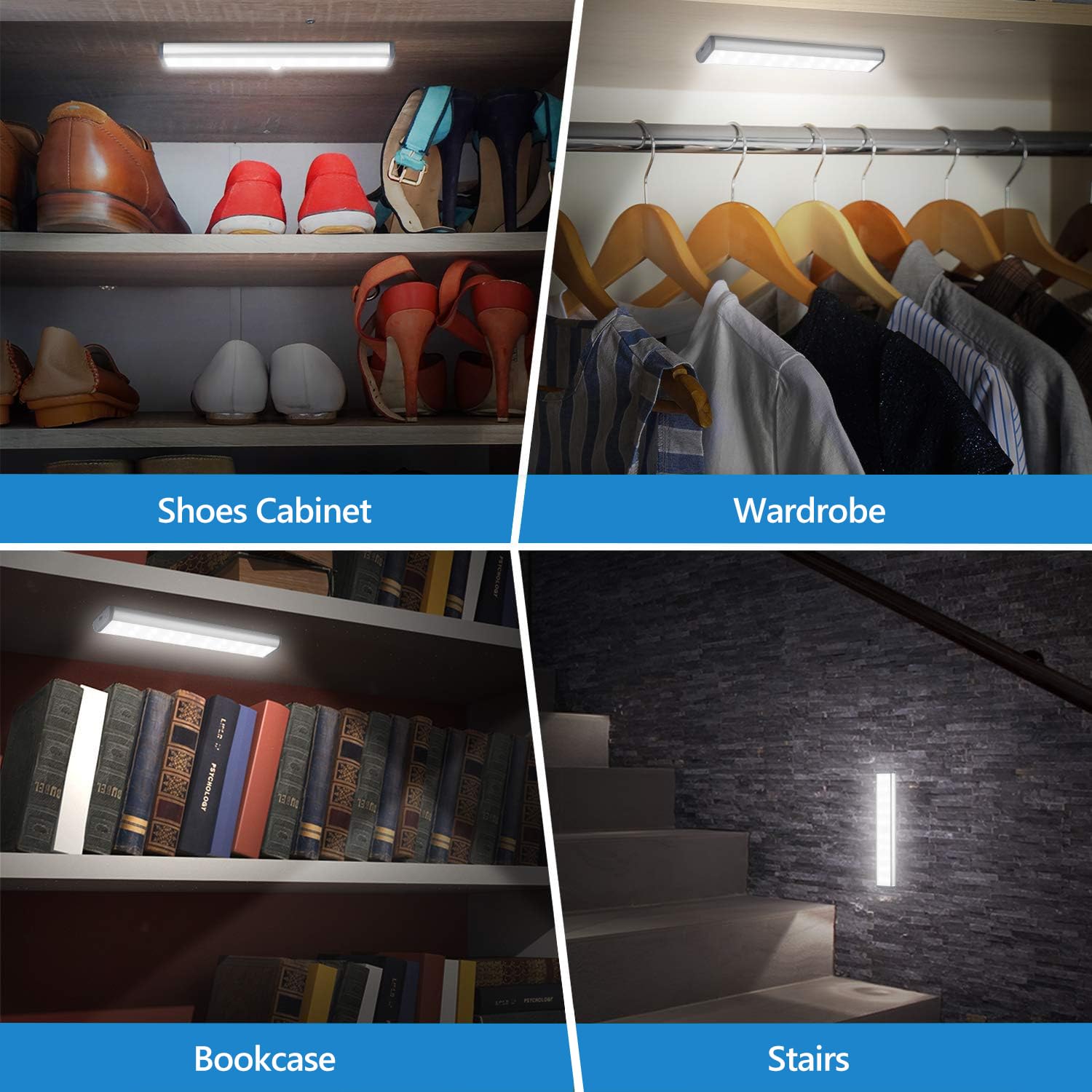 20 LED Wireless Rechargeable Under Cabinet Lighting - 3 Pack Magnetic Motion Sensor Night Lights for Kitchen, Closet, Wardrobe & Stairs | Dimmable Battery Operated LED Closet Lights (White) - Perfect for Nighttime Safety & Easy Access in Dark Spaces