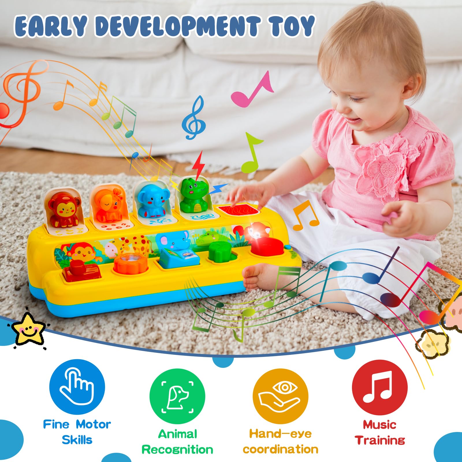 Interactive Pop-Up Animal Toys with Music & Light - Montessori Learning Toys for Babies 1-2 Years - Perfect Gift for Toddlers' Early Development