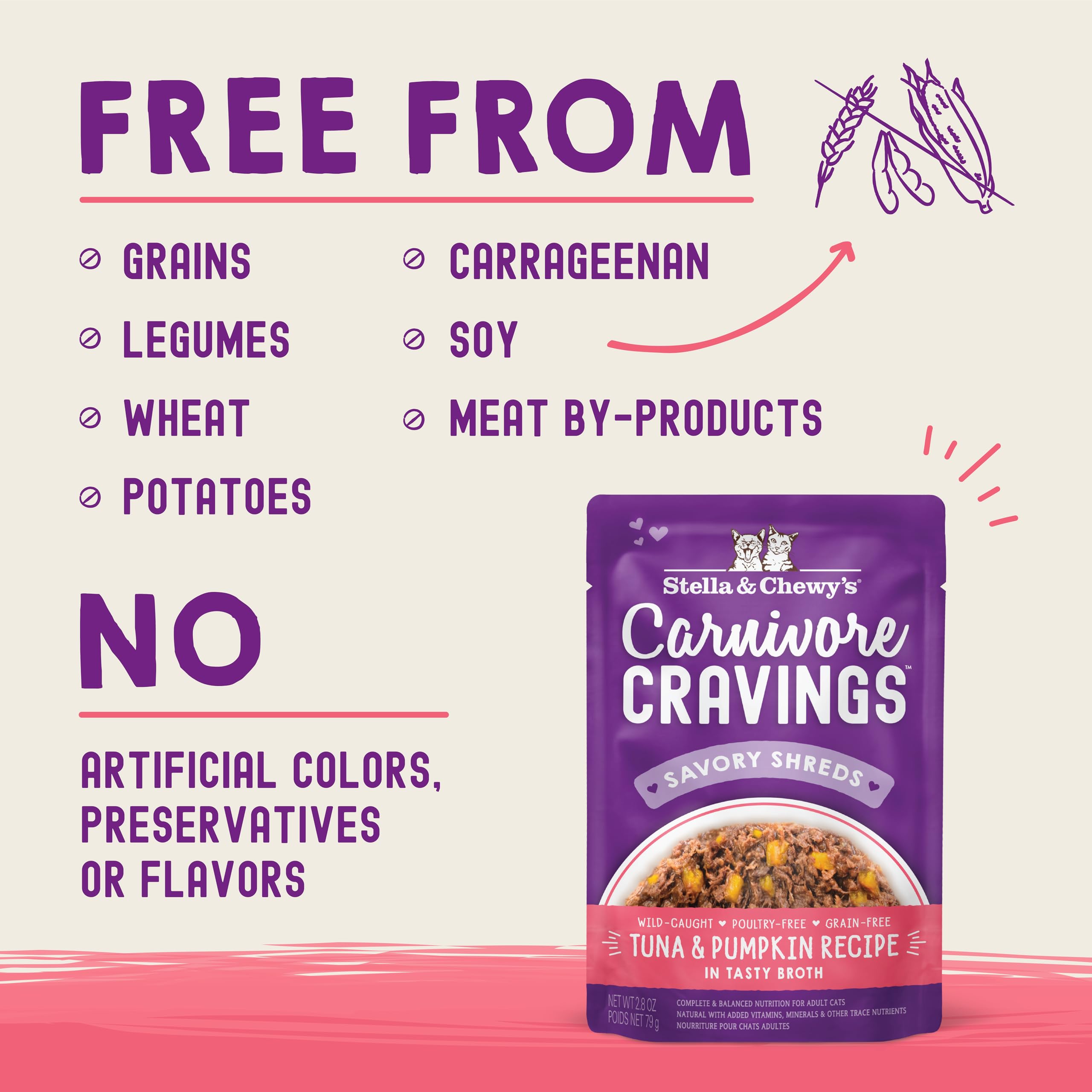 Stella & Chewy's Carnivore Cravings Savory Shreds Grain-Free Wet Cat Food - High Protein Tuna & Pumpkin Recipe (2.8oz Pouches, Pack of 12) - Perfect as Meal, Topper or Treat for Indoor & Outdoor Cats