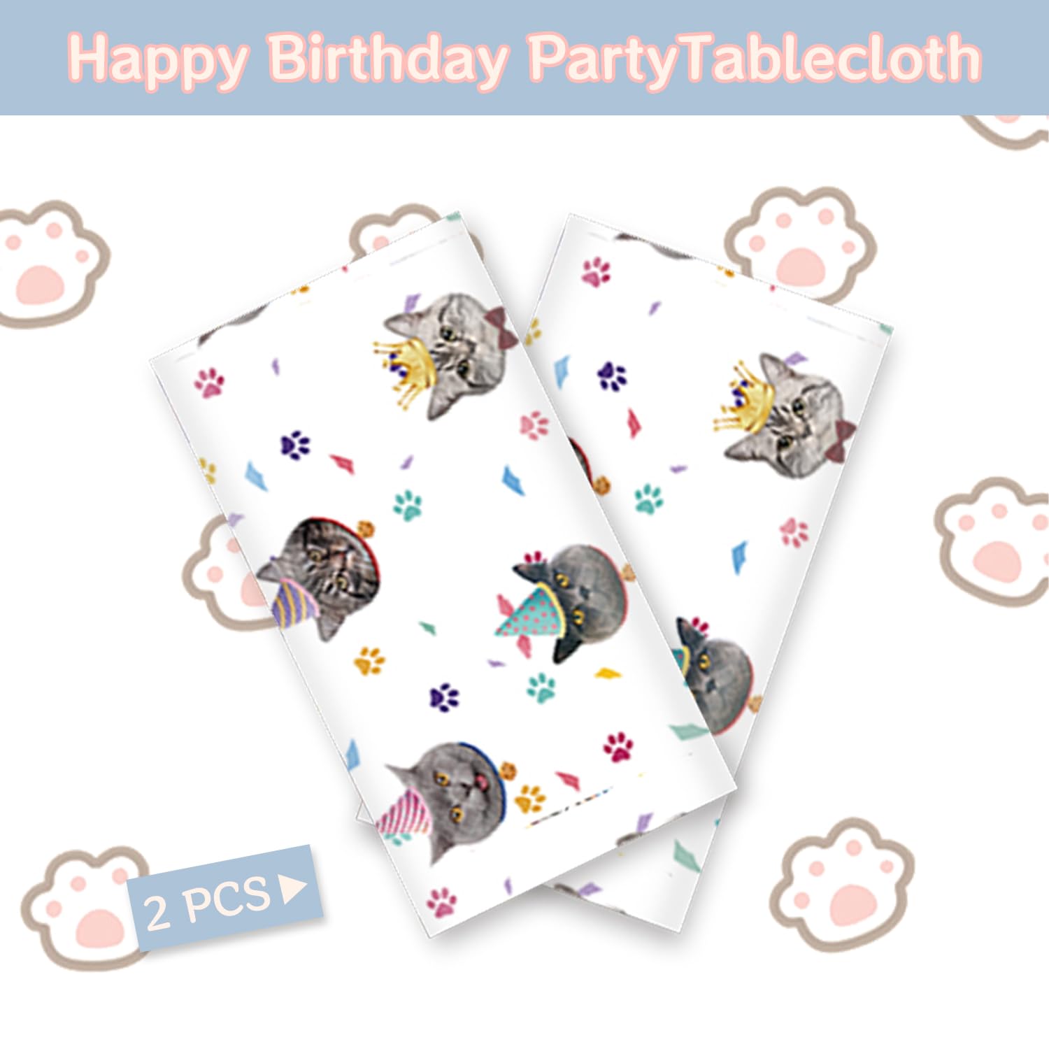 Egami 2-Pack Cat Themed Party Tablecloths - 70x51 Inch Waterproof Table Cover for Pet Birthday Decorations | Perfect for Cat Lover Parties, Kitty Showers & Themed Events