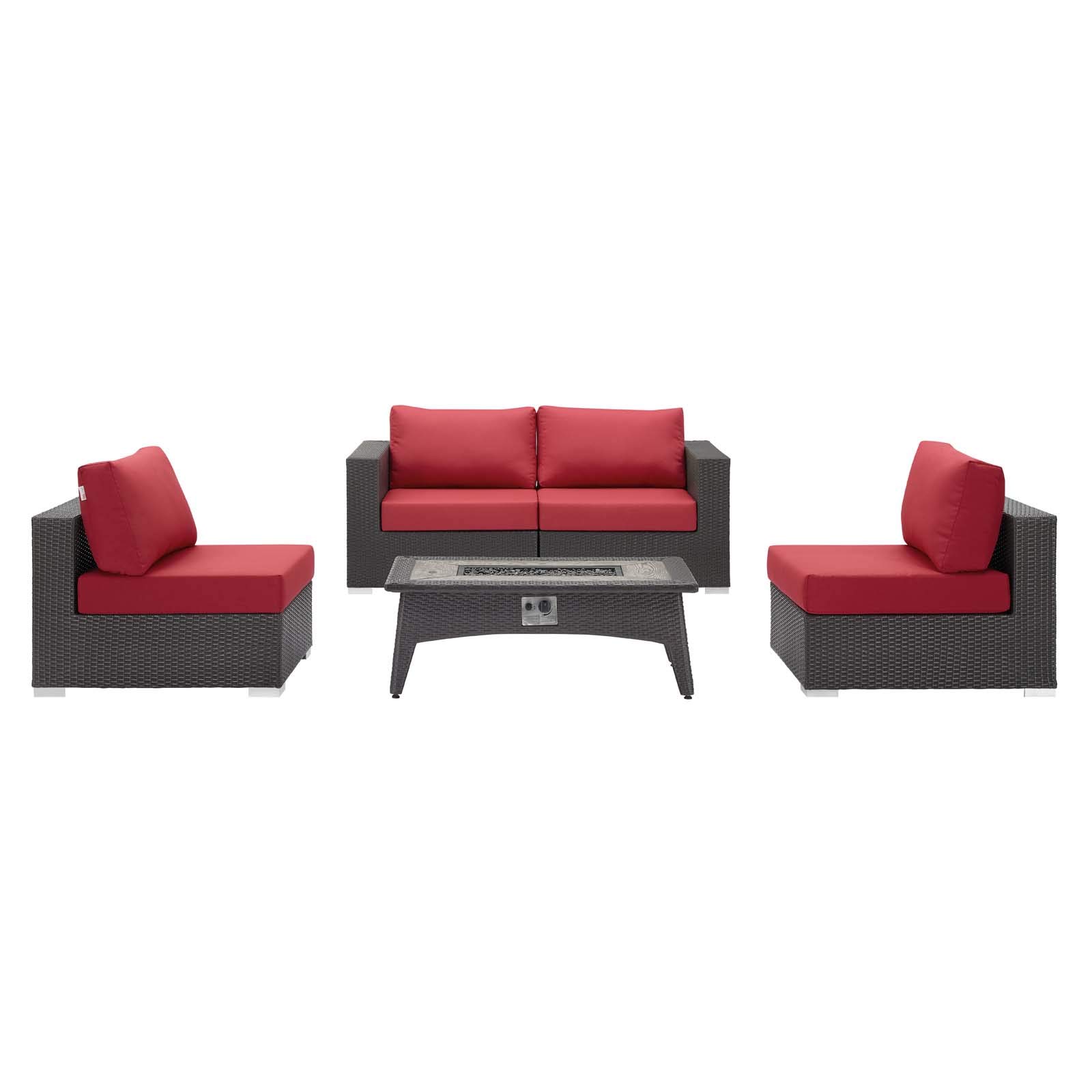 Modern Outdoor Patio Lounge Sofa Set with Fire Pit - Red Rattan Wicker Fabric Chairs & Coffee Table - Perfect for Backyard Relaxation and Garden Gatherings