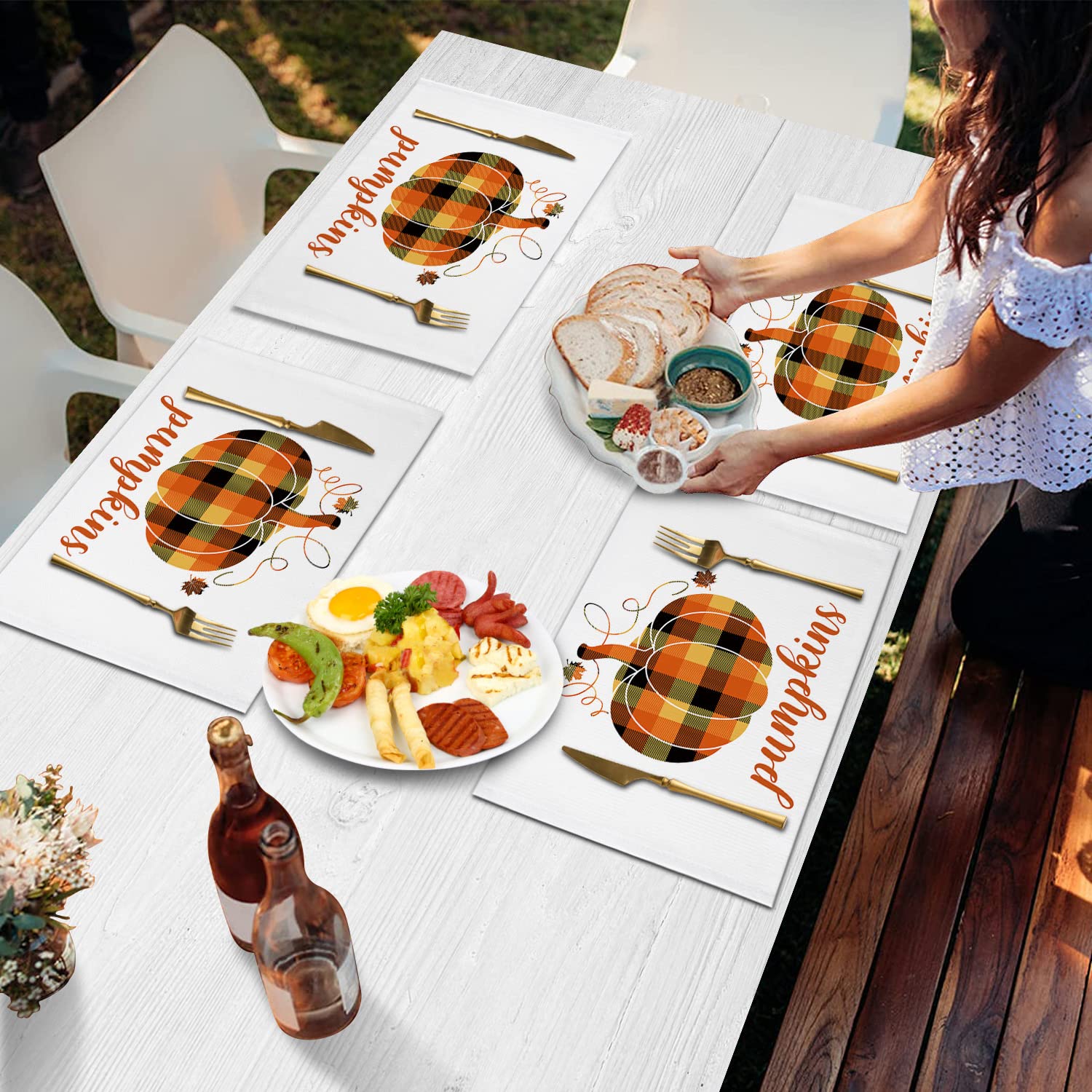 4-Pack Fall Pumpkin Orange Buffalo Plaid Maple Leaf Placemats - Waterproof Washable Table Mats for Dining & Kitchen Decor | Perfect for Thanksgiving, Autumn Decorations & Holiday Gatherings