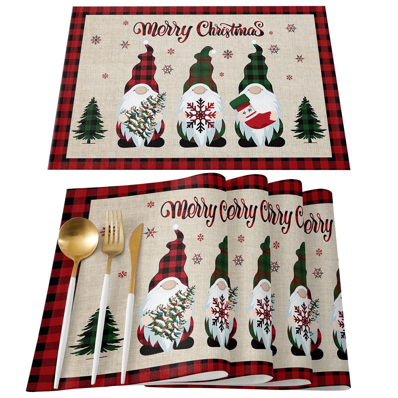 Christmas Gnome Red Buffalo Plaid Placemats - Set of 4 Washable Farmhouse Table Mats for Dining, Indoor & Outdoor Use - Perfect for Holiday Decor, Home Parties, Weddings and Christmas Celebrations
