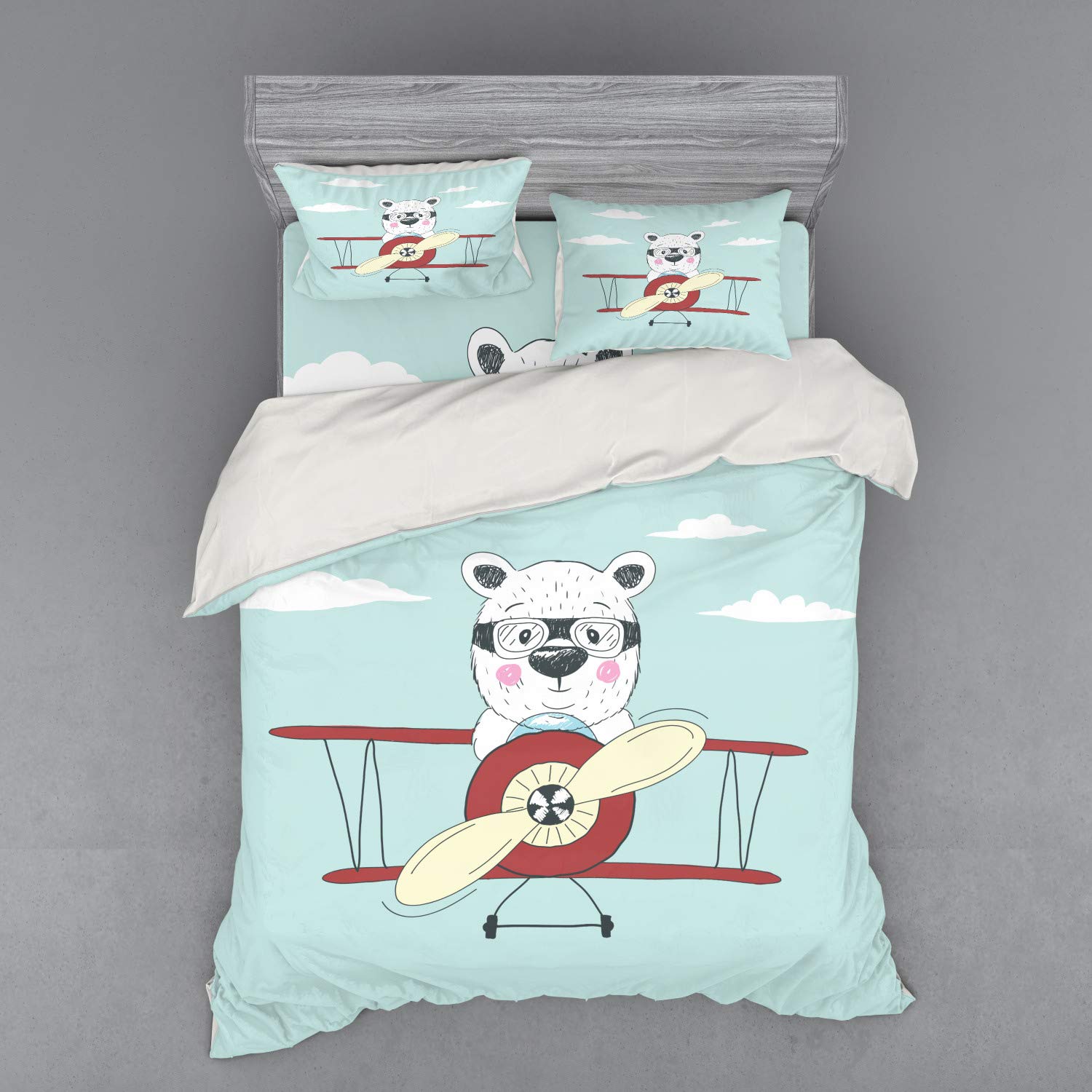 Ambesonne Cartoon Duvet Cover Set - Hand Drawn Pilot Bear Flying Airplane in Sky, 3-Piece Queen Size Bedding Set with Pillow Sham & Fitted Sheet (Pale Blue/Cream/Ruby) - Perfect for Kids' Rooms, Themed Bedrooms & Funny Gift Ideas