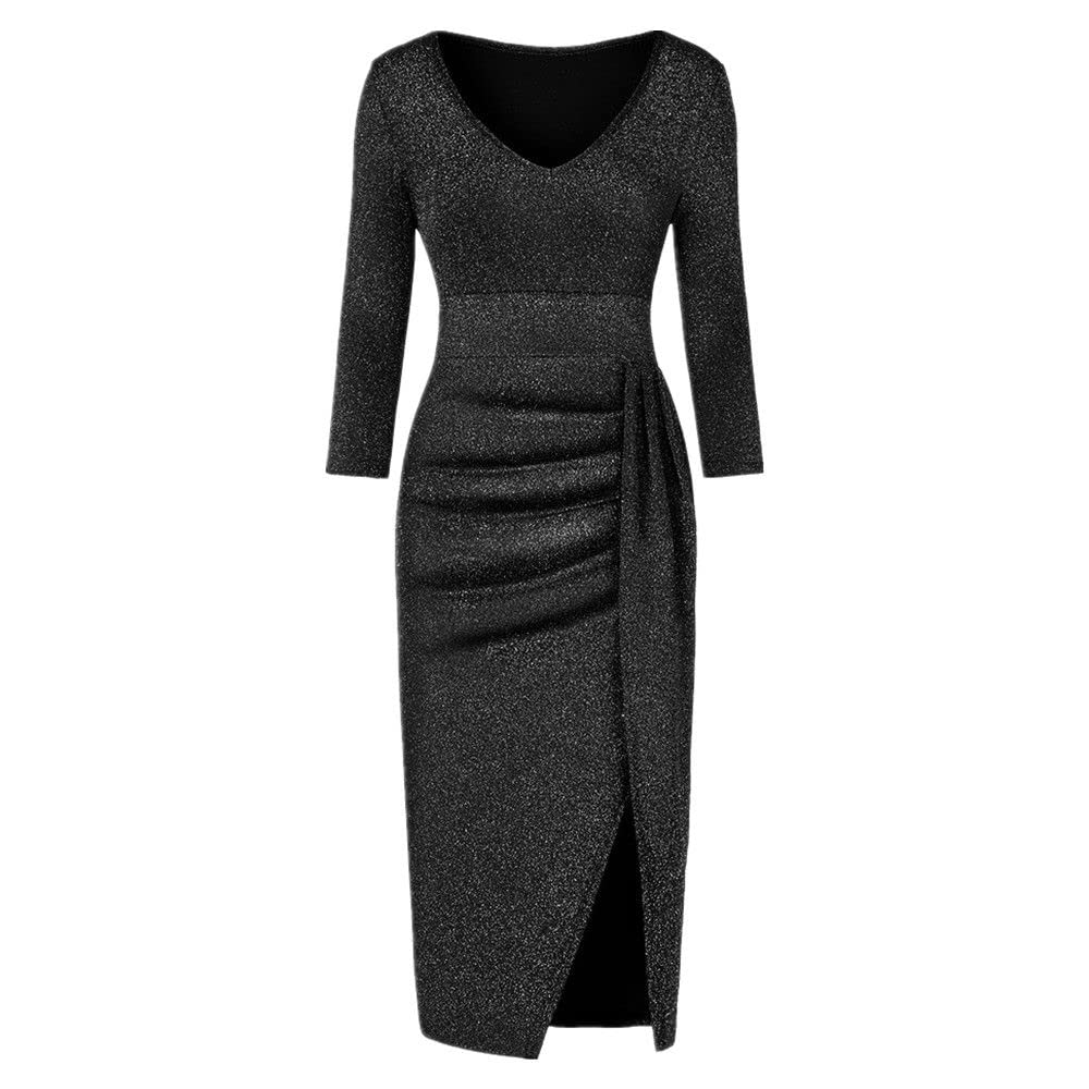 Elegant NP Women's Sleeve Slit Ruched Evening Party Dress - Perfect for Cocktail Parties, Weddings & Formal Events