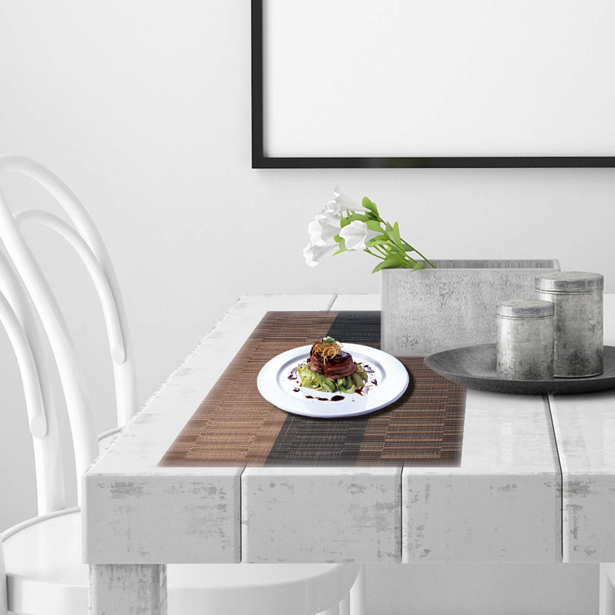 PIGCHCY Washable Vinyl Woven Placemats - Set of 6 Elegant & Durable Table Mats for Dining Room, Kitchen, or Outdoor Use (Bamboo-Brown)