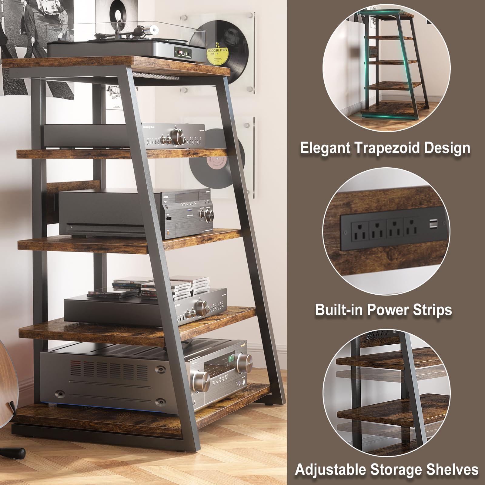 5-Tier AV Media Stand with Built-in Power Strips & LED Lights - Adjustable Shelves for Stereo, Gaming & Home Theater - Rustic Brown TV Console (40.8