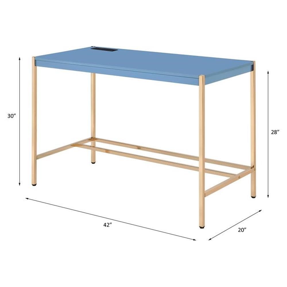 Acme Midriaks Wooden Writing Desk with USB Port - Navy Blue & Gold Finish, Home Office Desk for Study, Work & Gaming - Compact & Stylish Workspace Solution