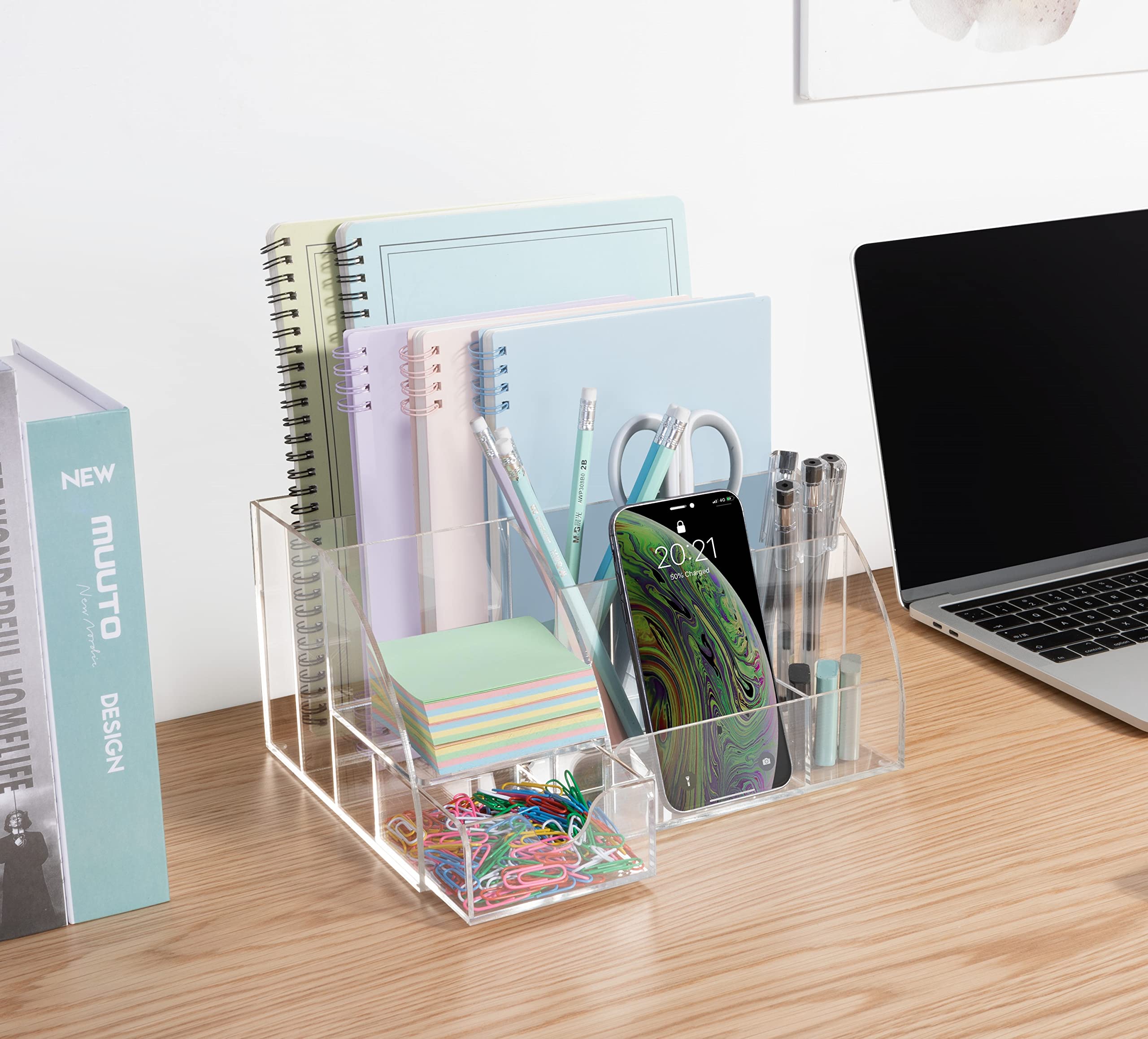 Clear Acrylic Desk Organizer with 9 Compartments - Office Supplies & Stationery Storage - Modern Home & Office Desktop Organizer for Pens, Paper Clips, Sticky Notes - Perfect for Work Desks, Study Tables & Home Office Decor