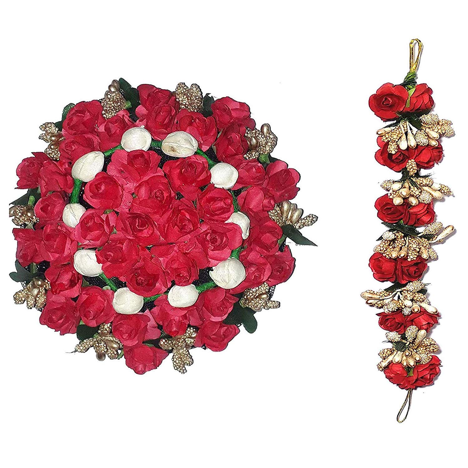 GuruEmbellish Full Red Juda Bun Hair Flower Gajra & Red Gajra Combo Set - Perfect for Weddings, Parties, Bridal Hairstyles & Indian Traditional Events