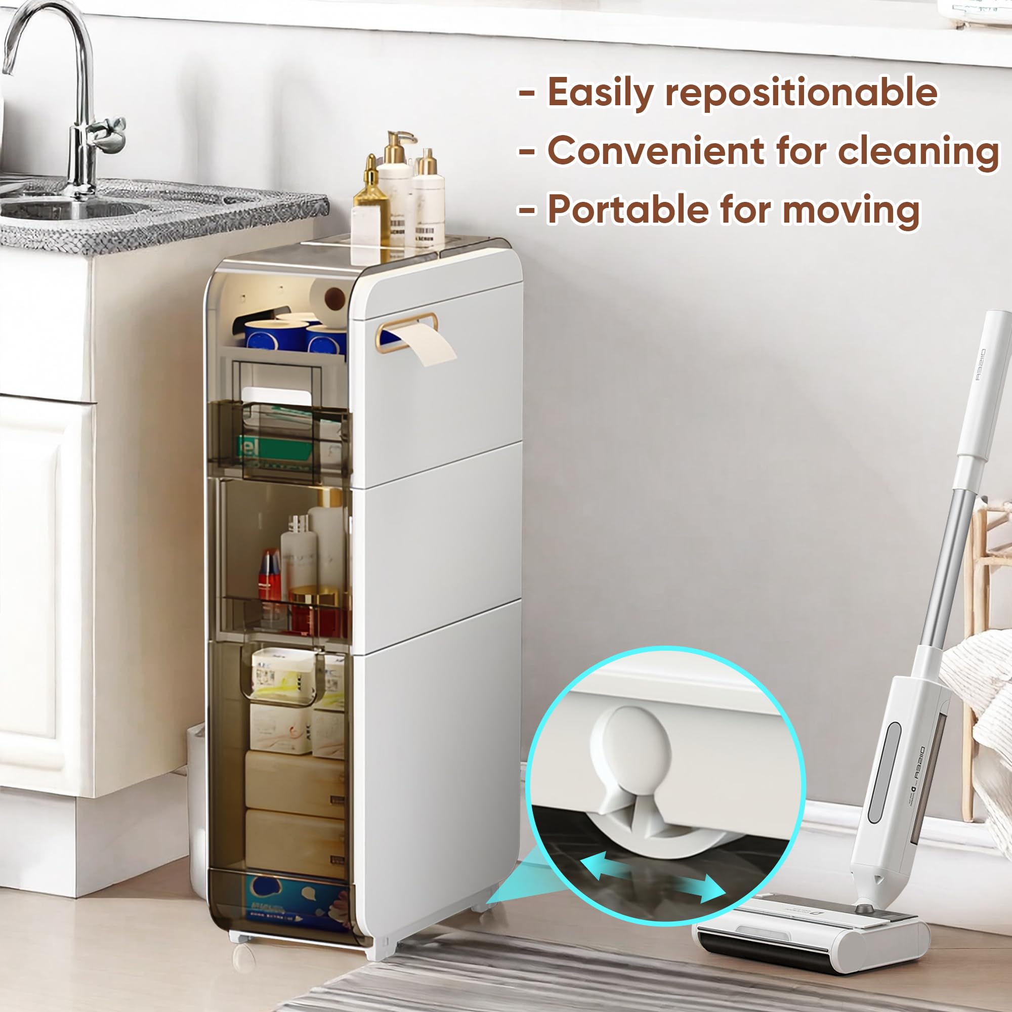 3-Tier Slim Bathroom Storage Cabinet with Drawers & Toilet Paper Holder - Waterproof Plastic Narrow Organizer for Small Spaces, Kitchen, Laundry Room, Living Room - Perfect for Bathroom Essentials, Towels & Toiletries Storage