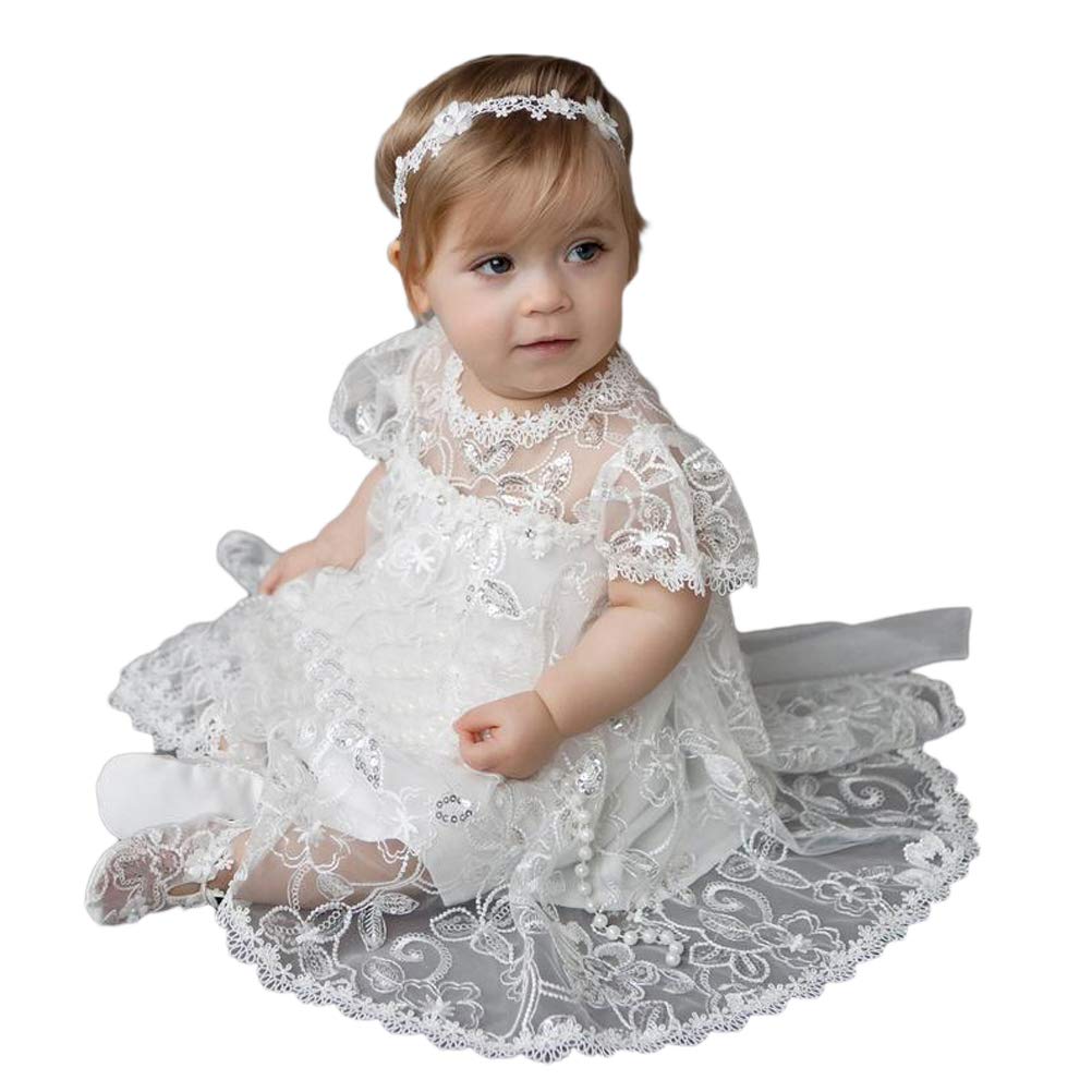 2Pcs Baby Girl's Lace Baptism Dress Set - White Christening Gown with Rhinestones, Sequins & Matching Shoes | Perfect for Church Ceremonies, Baby Dedications & Photo Shoots
