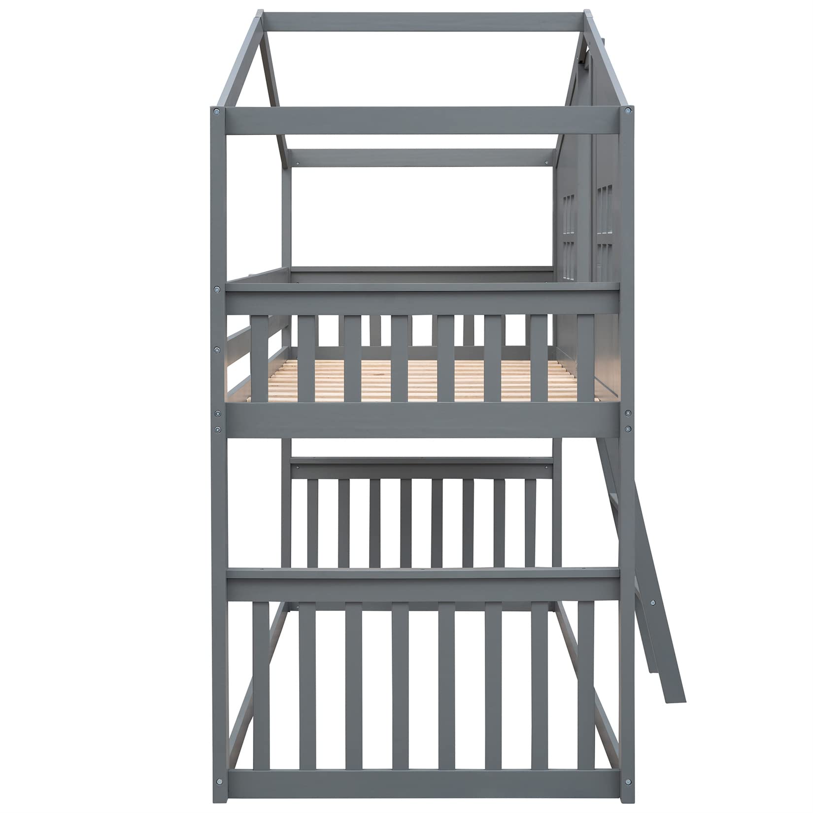 Bellemave Twin Over Twin Low Bunk Beds - Wooden Playhouse Loft Bed Frame for Kids, Boys, Girls & Teens - Space-Saving Gray Bunk Bed for Small Rooms, Shared Kids Bedroom & Sleepovers