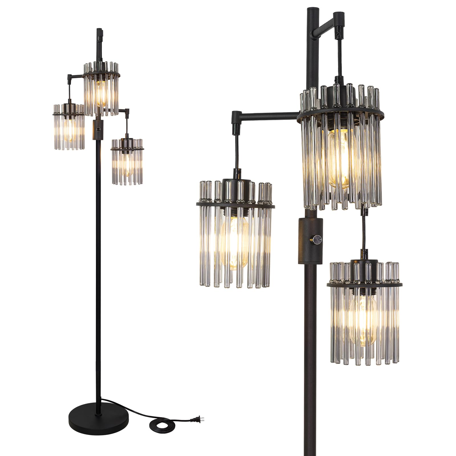 Dimmable Industrial Floor Lamp - 66 Inch Tall Glass Tree Standing Lamp with 3 Teardrop Cage Heads & 800 Lumens LED Bulbs for Living Room, Bedroom, Office - Modern Lighting for Home Decor & Workspace Ambiance