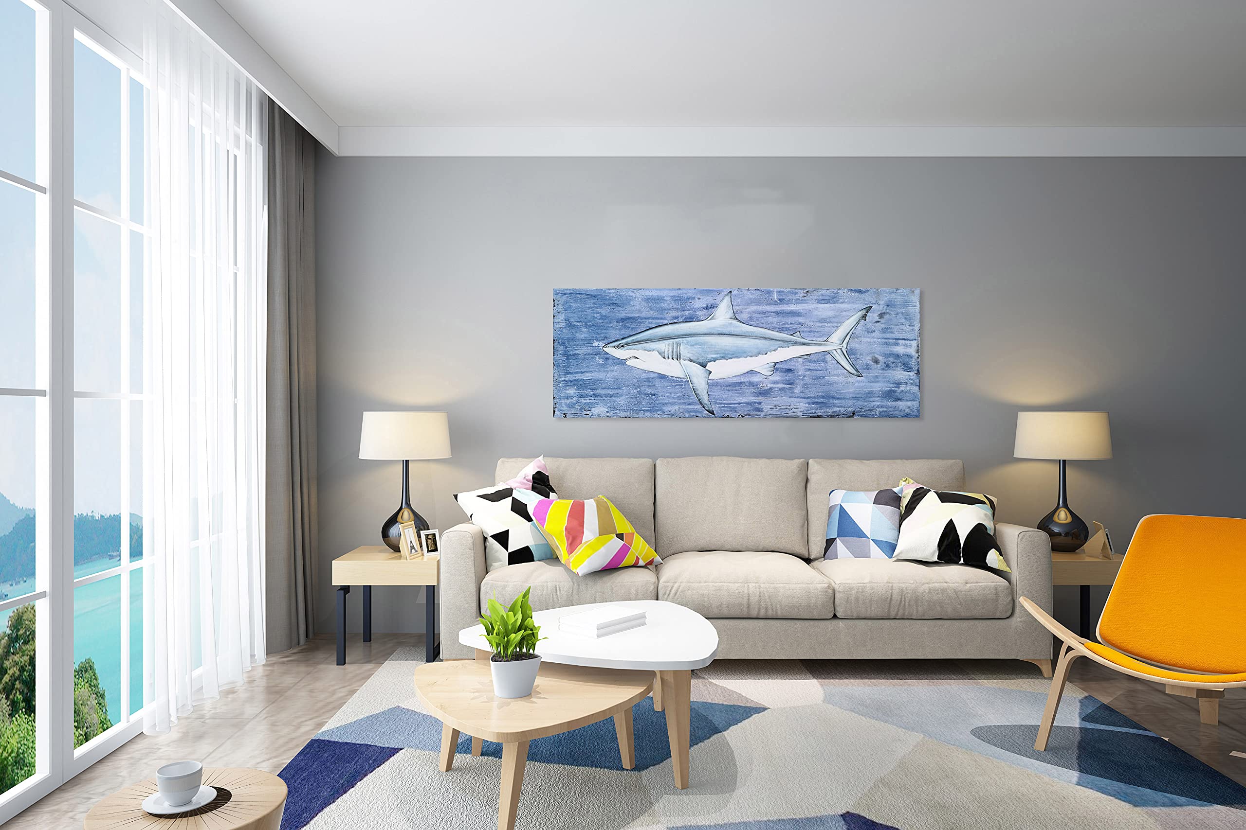 Hand Painted Coastal Canvas Wall Art - Modern Abstract Blue & White Fish & Shark Paintings - Textured Contemporary Ocean Themed Decor for Living Room, Bedroom, Bathroom - Perfect for Beach House, Office & Nautical Interior Design