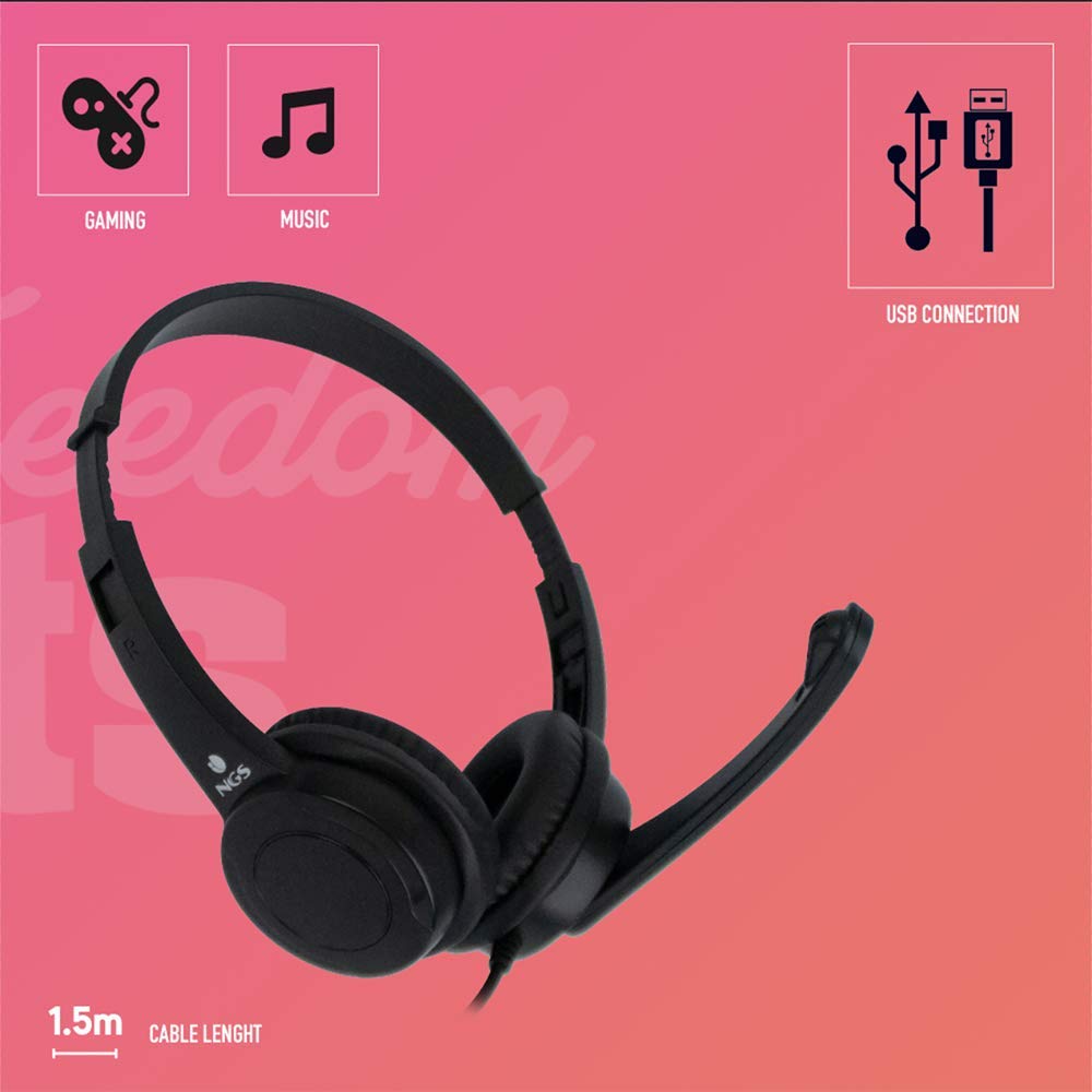 NGS VOX505USB Stereo Headset with Microphone, USB Connection & Volume Control for PC, Laptop & Gaming Console - Perfect for Online Meetings, Gaming & Remote Work