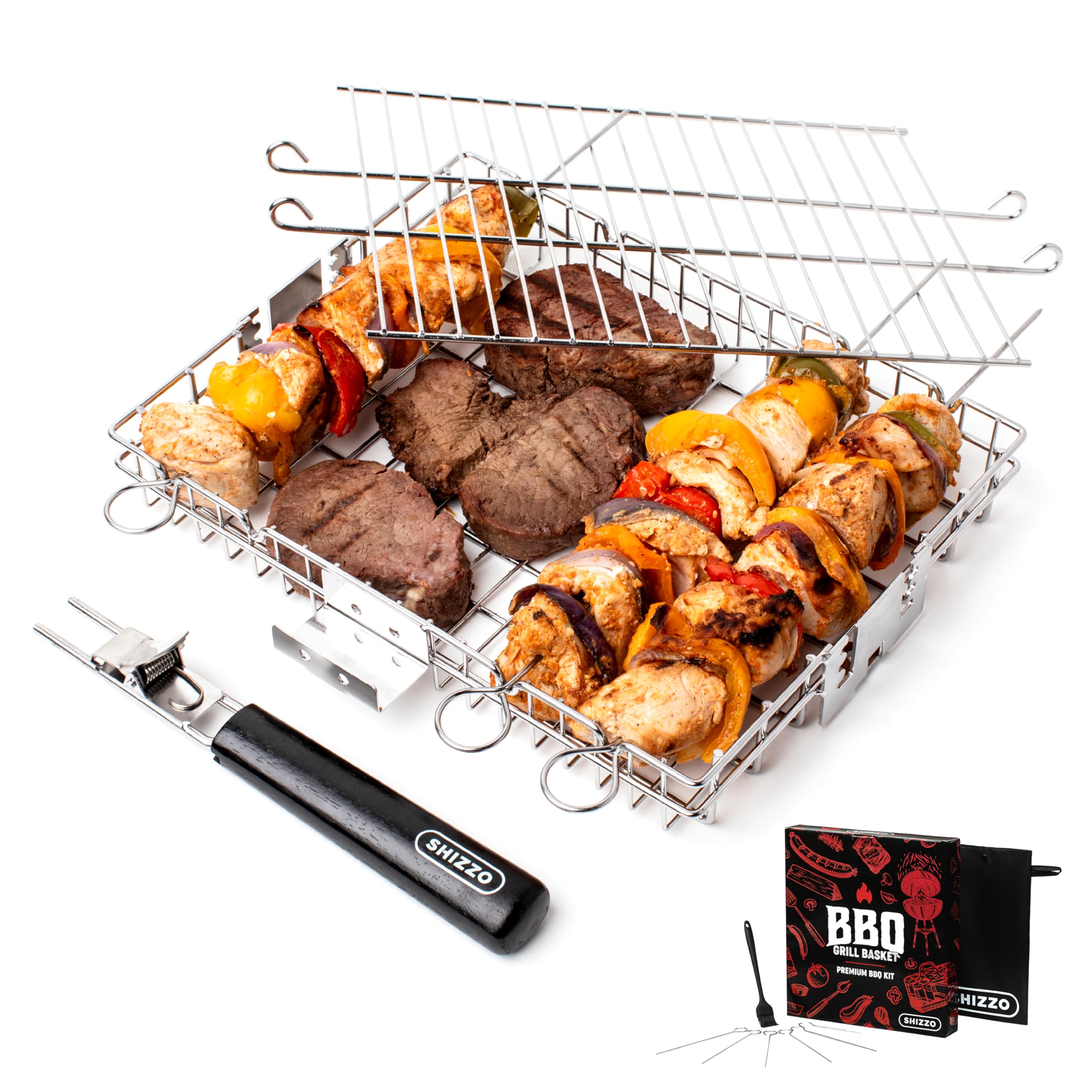 SHIZZO Adjustable Stainless Steel Grill Basket for BBQ, Fish, Shrimp & Vegetables - Portable Folding Camping Cooking Rack - Perfect Outdoor Grilling Accessory for Father's Day & Husband Gifts - Ideal for Backyard BBQs, Camping Trips & Picnics