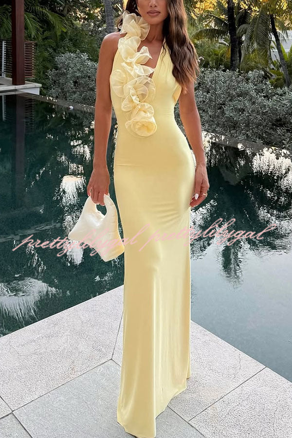 Vacay Mode Ruffles Trim Halter Backless Stretch Maxi Dress - Women's Summer Beach Dress for Vacation, Pool Party & Date Night