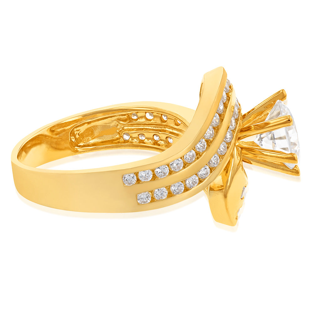 9ct Yellow Gold 2 Row Cubic Zirconia Twist Solitaire Ring for Women - Elegant Stackable Wedding Band, Anniversary Gift, Promise Ring for Her - Perfect for Engagement, Valentine's Day & Special Occasions