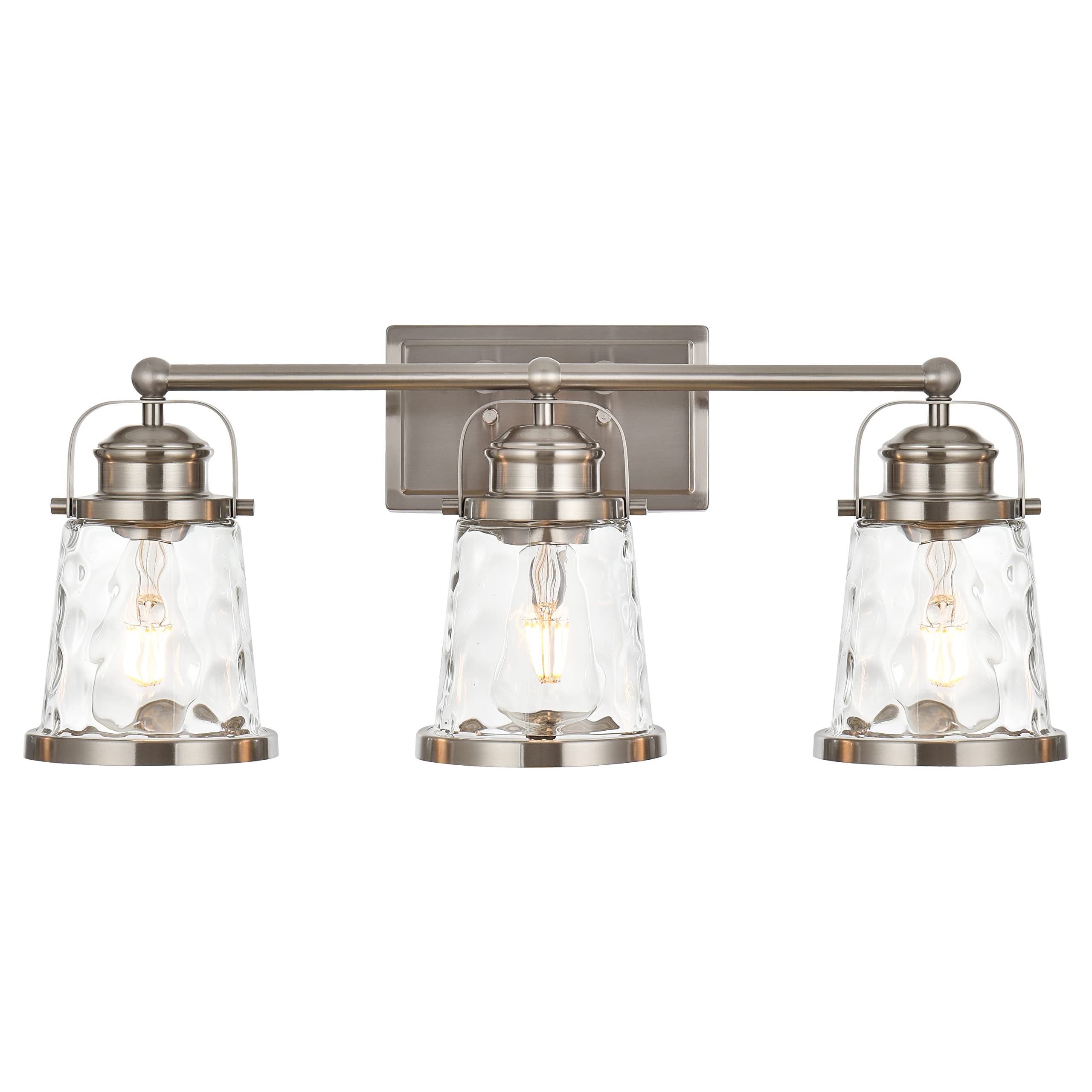 Modern 3-Light Bathroom Vanity Lighting Fixture with Hammered Glass Shades - Brushed Nickel Wall Sconce for Bedroom, Kitchen & Bathroom Mirror - Perfect for Makeup, Shaving & Task Lighting
