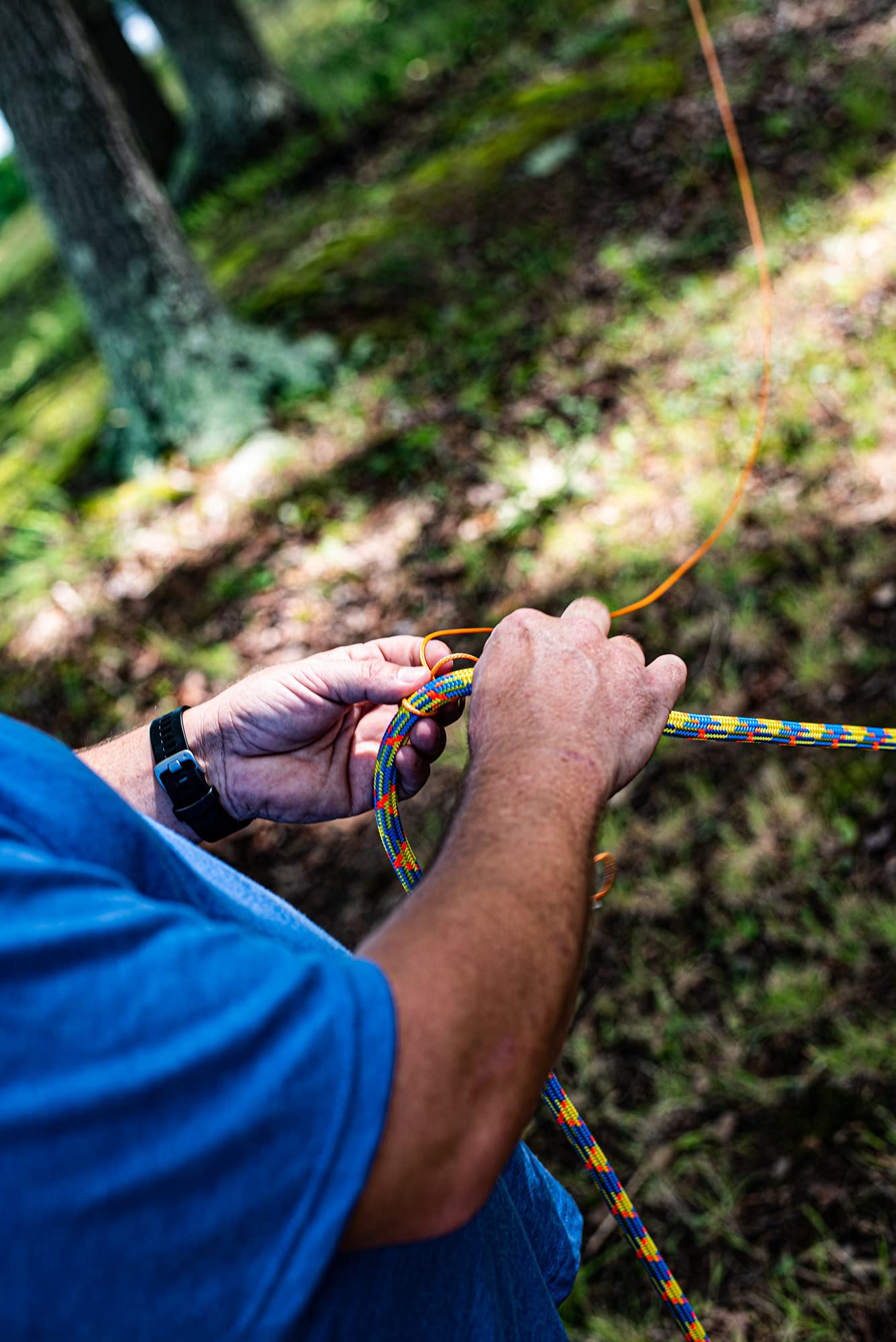 DrenaLINE Professional Climbing Rope - 32-Strand Polyester Arborist Rope 11.8mm x 150ft (Blue, Orange, Yellow) for Tree Climbing, Rock Climbing & Outdoor Adventure Activities