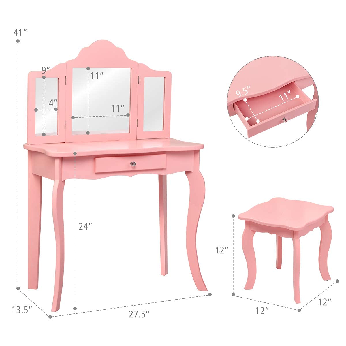 INFANS Kids Wooden Princess Vanity Table & Chair Set - 2-in-1 Toddler Vanity with Stool, Tri-Folding Mirror & Large Drawer - Pretend Play Beauty Makeup Dressing Set for Little Girls - Perfect for Bedroom Decor, Birthday Gifts & Role Play Activities