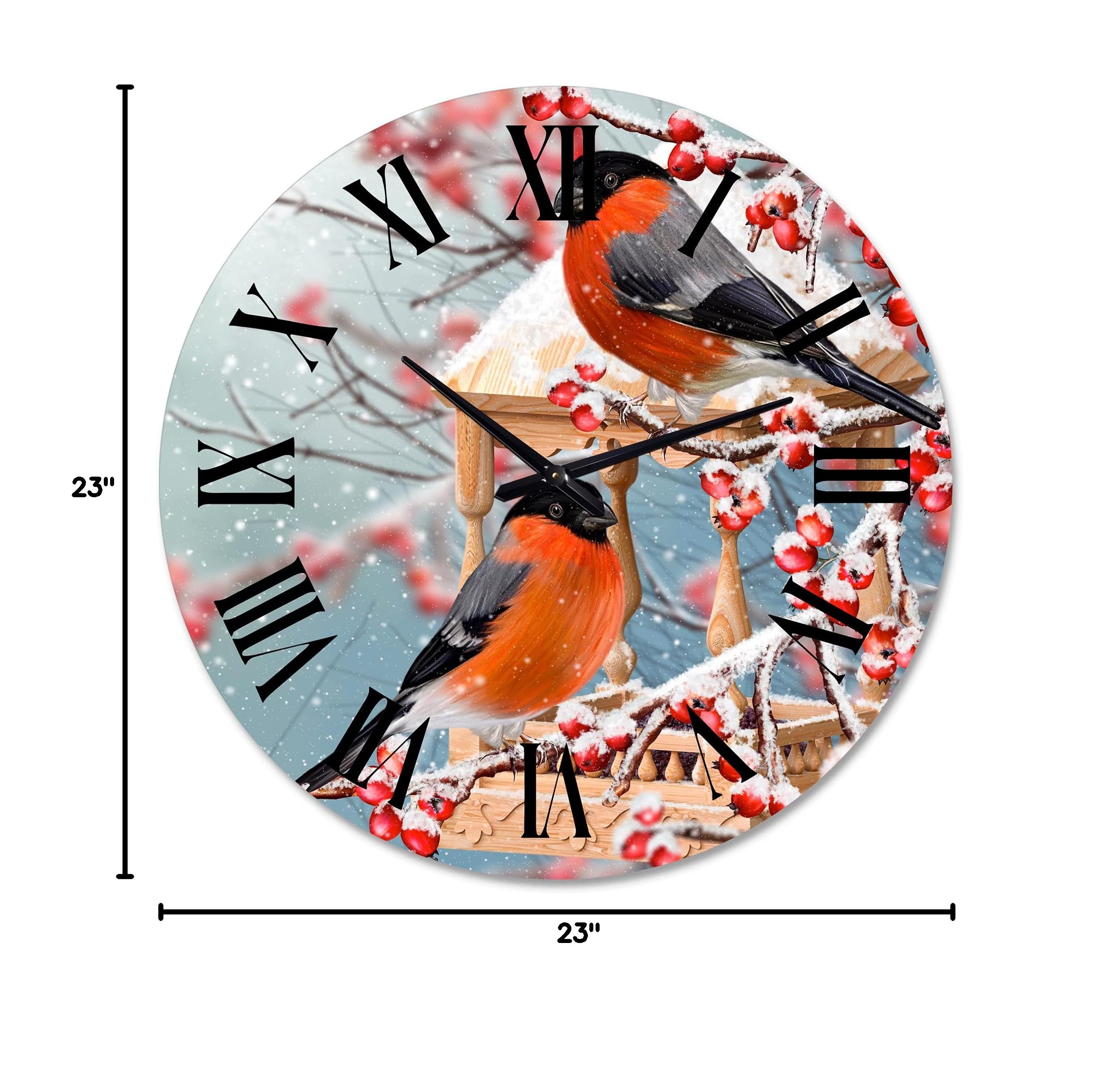 DesignQ Traditional Large Wall Clock - Snowy Branch with Two Birds, Perfect for Kitchen, Living Room & Home Decor | Silent Non-Ticking Modern Clock