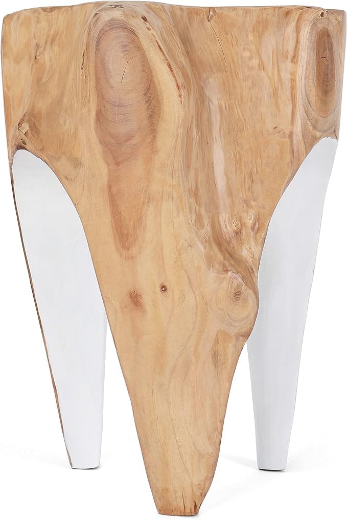 Rutledge & King Java Teak Root Stool - Handcrafted Wooden Boho Side Table & Accent Stool - Natural Tree Stump Pedestal for Living Room, Bedroom, or Outdoor Decor - White Teak Finish