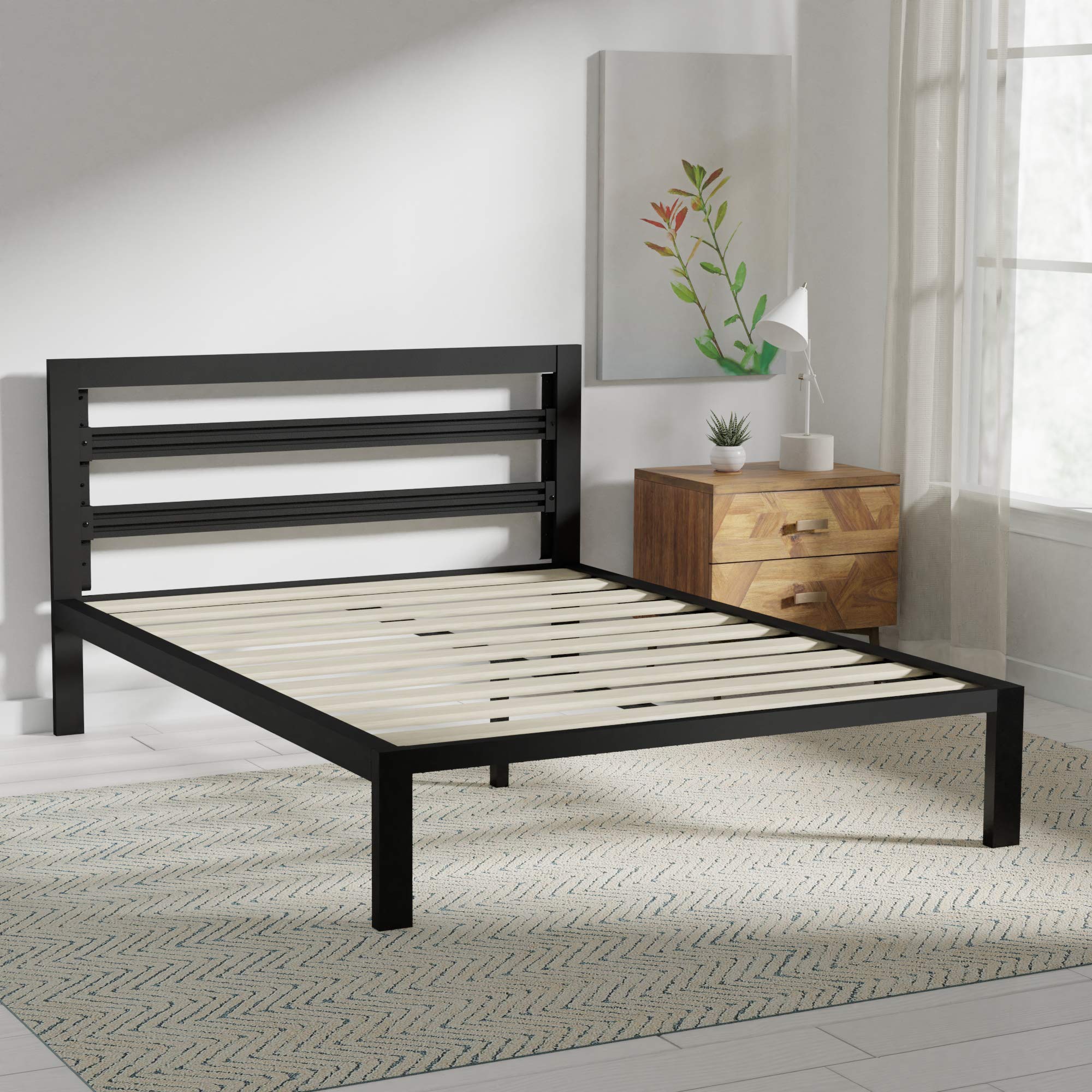 Amazon Basics Metal Bed Frame with Modern Industrial Design Headboard - 14 Inch Height for Under-Bed Storage - Wood Slats Support - Easy Assembly Queen Size Bed in Black - Perfect for Small Apartments, Dorm Rooms & Guest Bedrooms