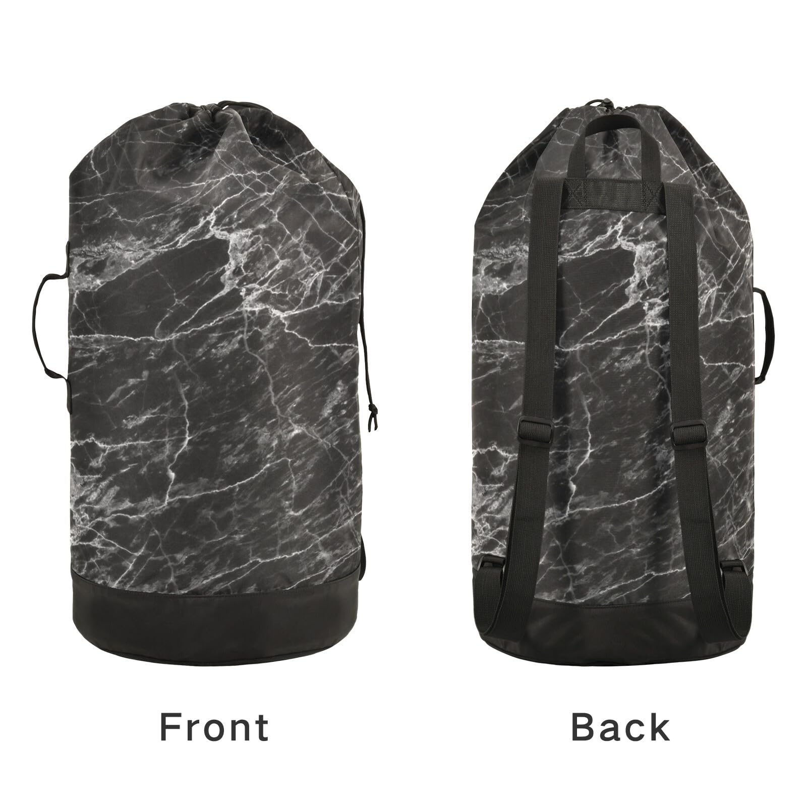 Washable Laundry Backpack - Large Dirty Clothes Bag with Adjustable Shoulder Straps | Heavy Duty Drawstring Travel Laundry Bag for College, Camping & Gym | Black Marble Design for Home & Dorm Organization