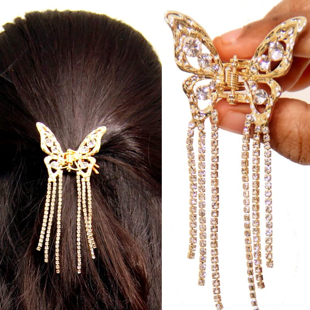 RSJ TRADERS - Rhinestone Hair Clips for Women & Girls | Elegant Butterfly Hair Clutcher with Wedding Tassel | Metal Hair Accessories for Parties, Prom, Bridal & Daily Use