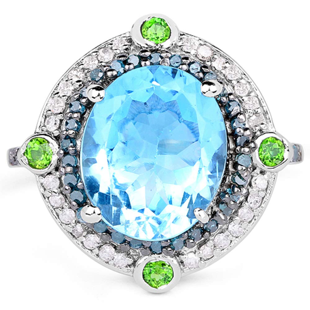 Genuine Swiss Blue Topaz & Chrome Diopside Sterling Silver Ring with Blue Diamonds - Size 9.00 - Elegant Wedding, Anniversary & Evening Party Jewelry Gift for Women