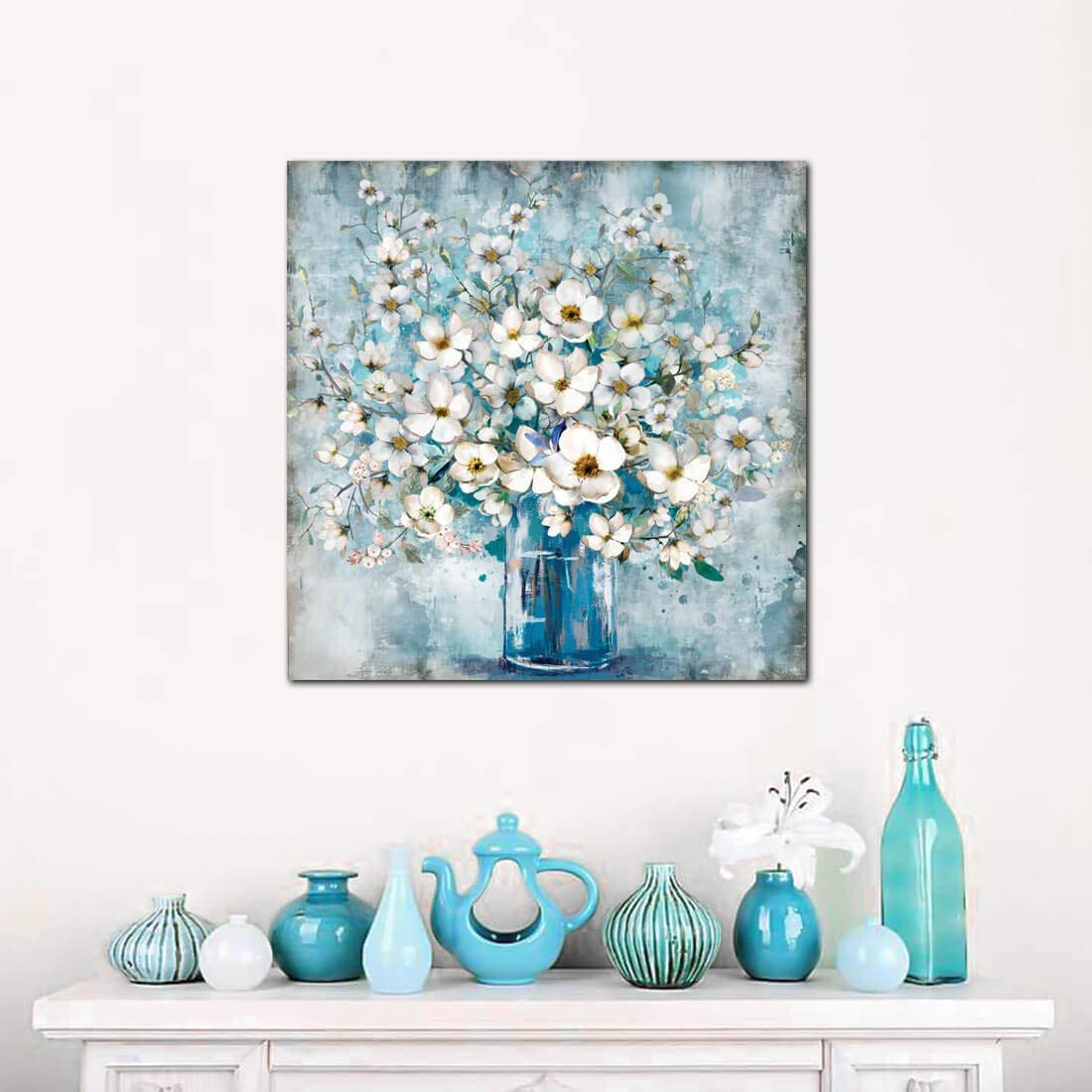 Modern Blue Bottle White Flower Canvas Wall Art - Framed Bathroom Decor, Ready to Hang Gallery Print for Kitchen, Bedroom & Living Room - 30x30 Inches - Perfect for Home, Office & Spa Decor