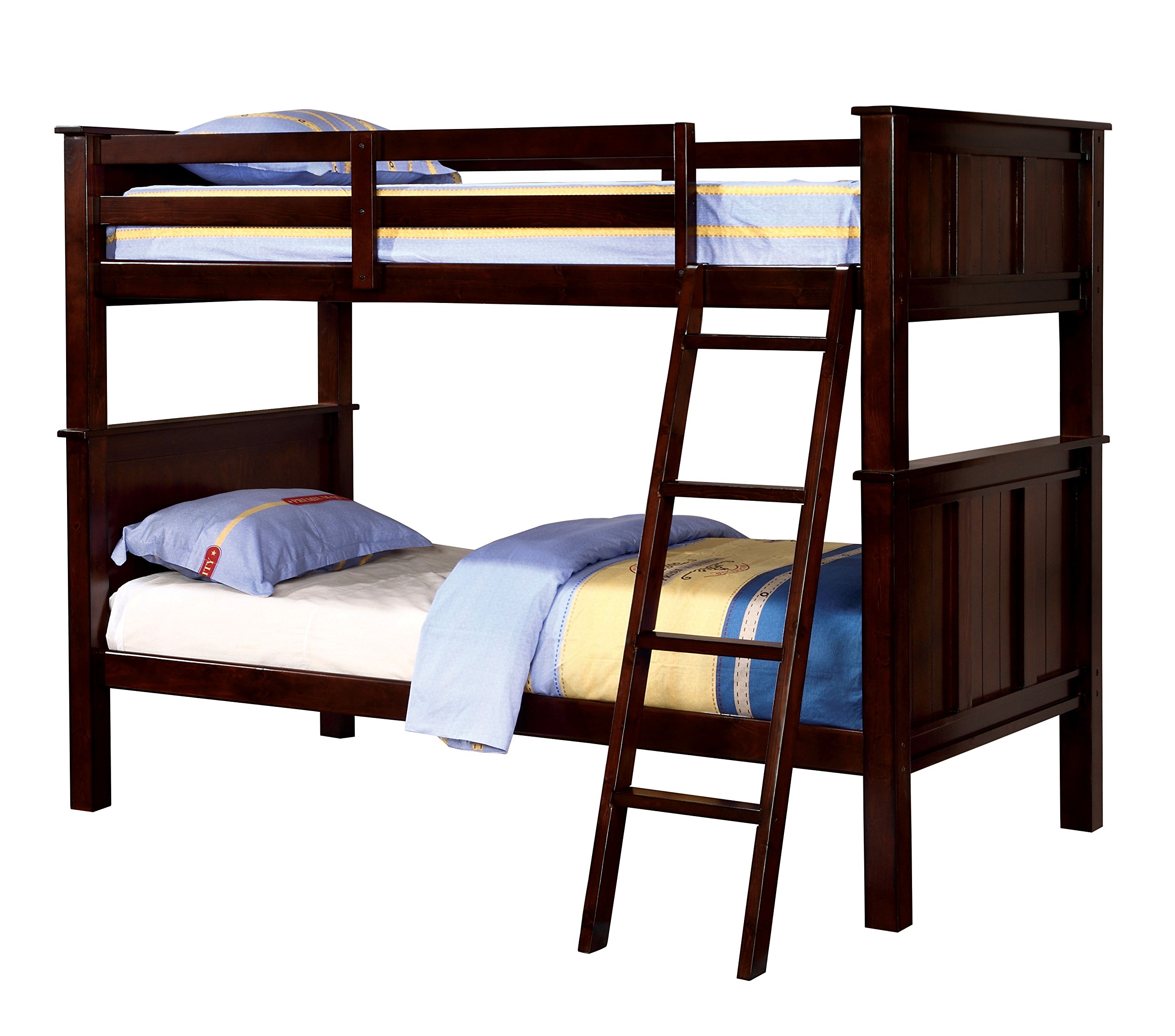 Fidel Contemporary Twin Bunk Bed in Dark Walnut - Space-Saving Modern Kids Bedroom Furniture for Small Rooms & Shared Spaces