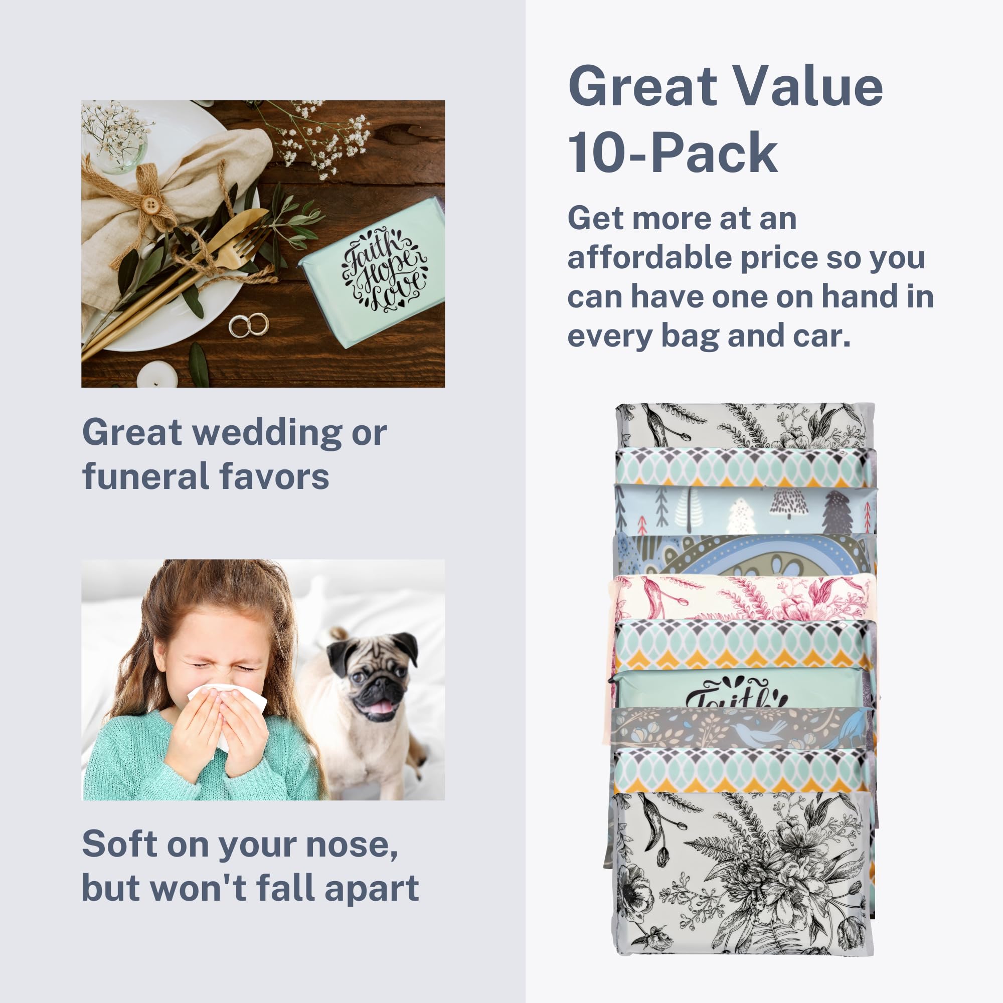Premium Travel Size Pocket Tissue Packs (10-Pack) - Compact Purse Tissues for Weddings, Funerals & Car Essentials | Soft Facial Tissues for On-the-Go, Travel, Office & Daily Use