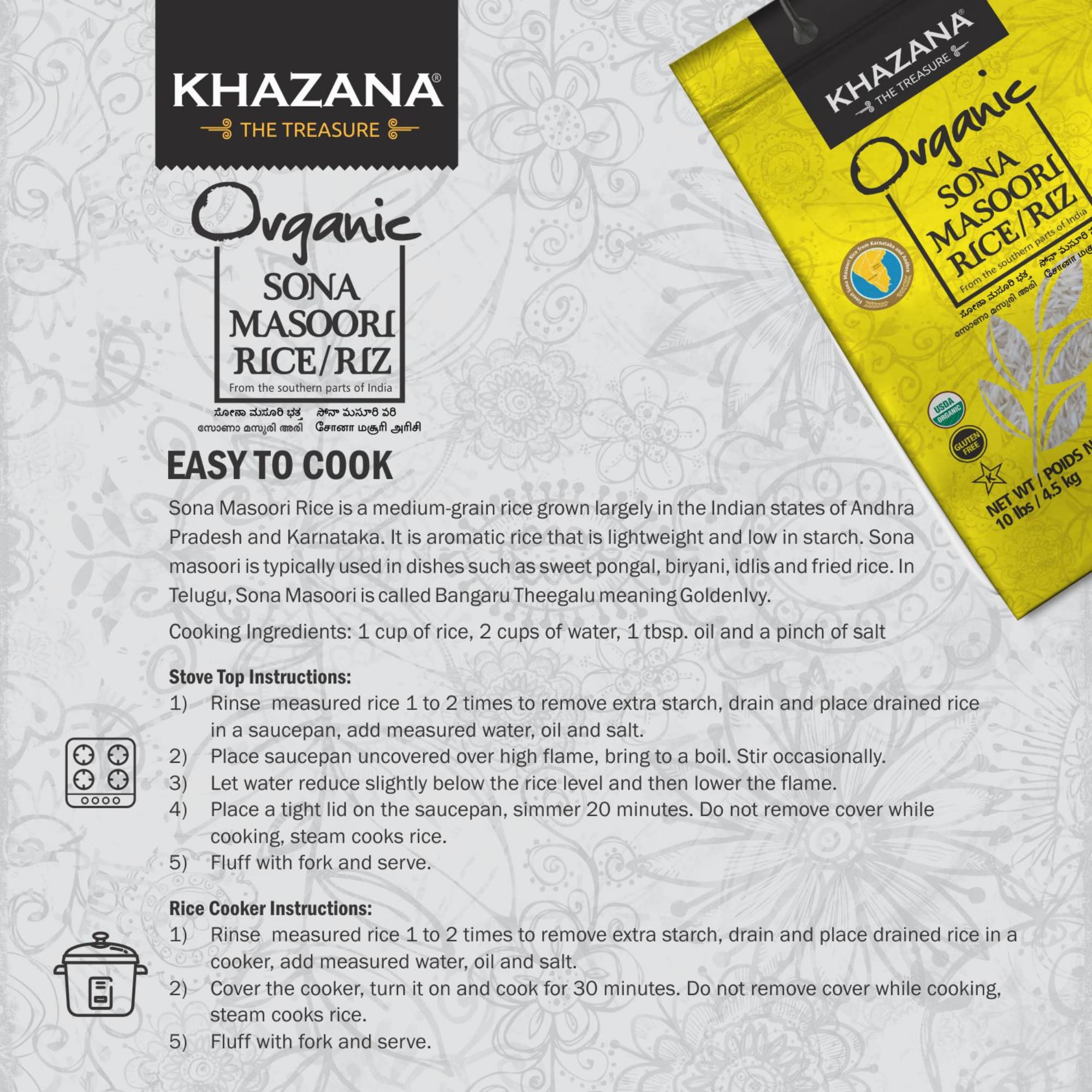 Khazana Organic Sona Masoori Rice - 10 lb Bag of Aromatic Indian Basmati - Non-GMO, Gluten-Free, Kosher, Cholesterol-Free Whole Grain - Perfect for Biryani, Pulao & Healthy Meals