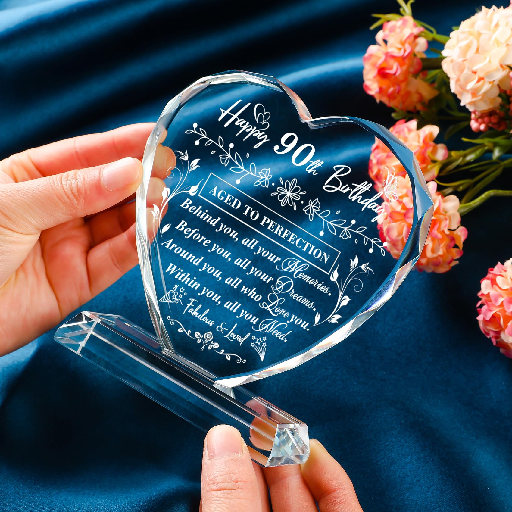 90th Birthday Gifts for Women & Men - Laser Engraved Glass Heart Keepsake - Unique 90th Birthday Decor for Husband, Wife, Mom, Dad & Friends - Perfect for Milestone Celebrations, Anniversaries & Retirement Parties