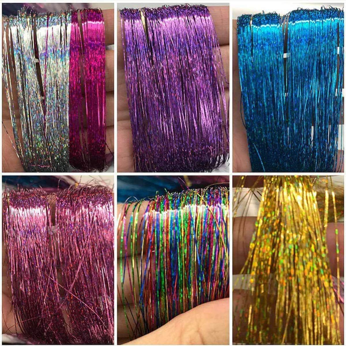 6pcs Hair Tinsel Extensions (40 Inch, 6 Colors, 2400 Strands) - Shimmery Fairy Hair Glitter for Highlights & Party Hairstyles - Perfect for Festivals, Weddings & Special Occasions
