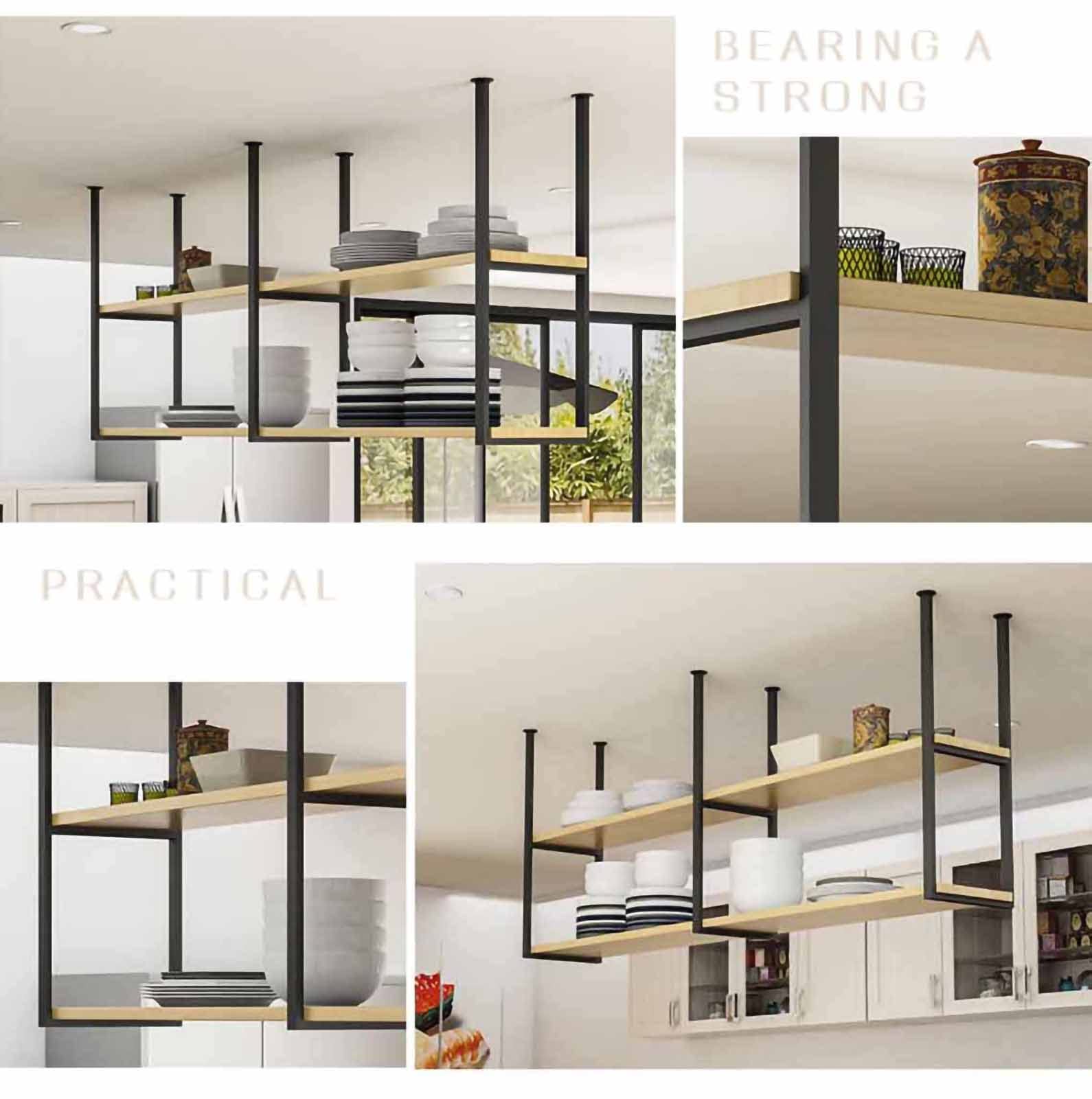 Industrial Ceiling Mount Wine Rack - 2 Tier Hanging Floating Shelves with Metal Brackets for Kitchen, Bar & Restaurant | Space-Saving Storage & Display Solution for Wine Bottles, Spices & Decor