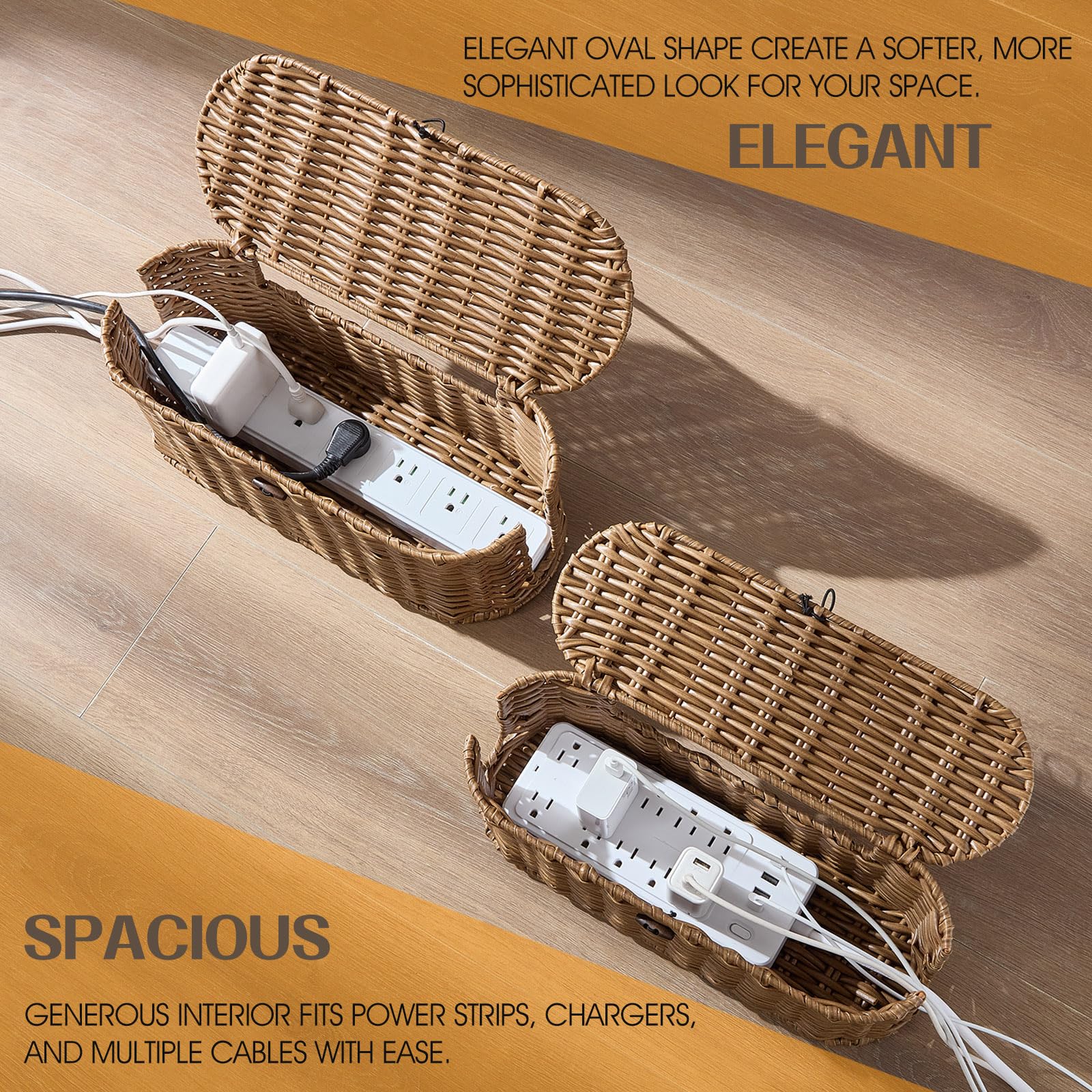 FairyHaus 2-Pack Woven Cable Management Box - Small & Large Cord Organizer to Hide Power Strips & Wires | Brown Wicker-Style Desk & Floor Cable Hider for Home Office, Living Room & Bedroom Organization