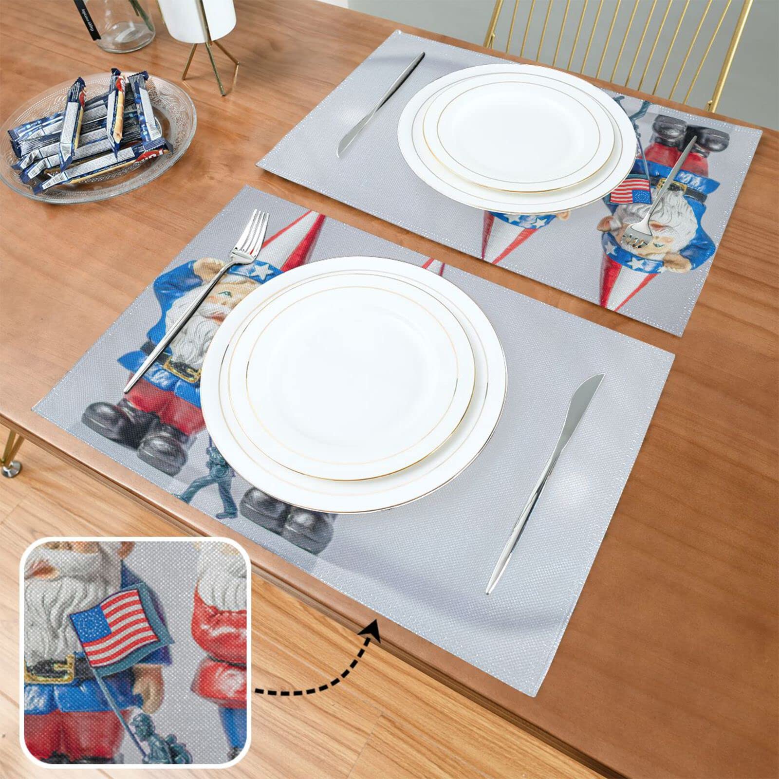 Patriotic Gnomes Salute Placemats Set of 4 - Washable & Heat Resistant 12x18 Inch Kitchen Table Mats for 4th of July, Memorial Day, Independence Day Decor - Perfect for Outdoor Picnics, BBQ Parties & Holiday Dining