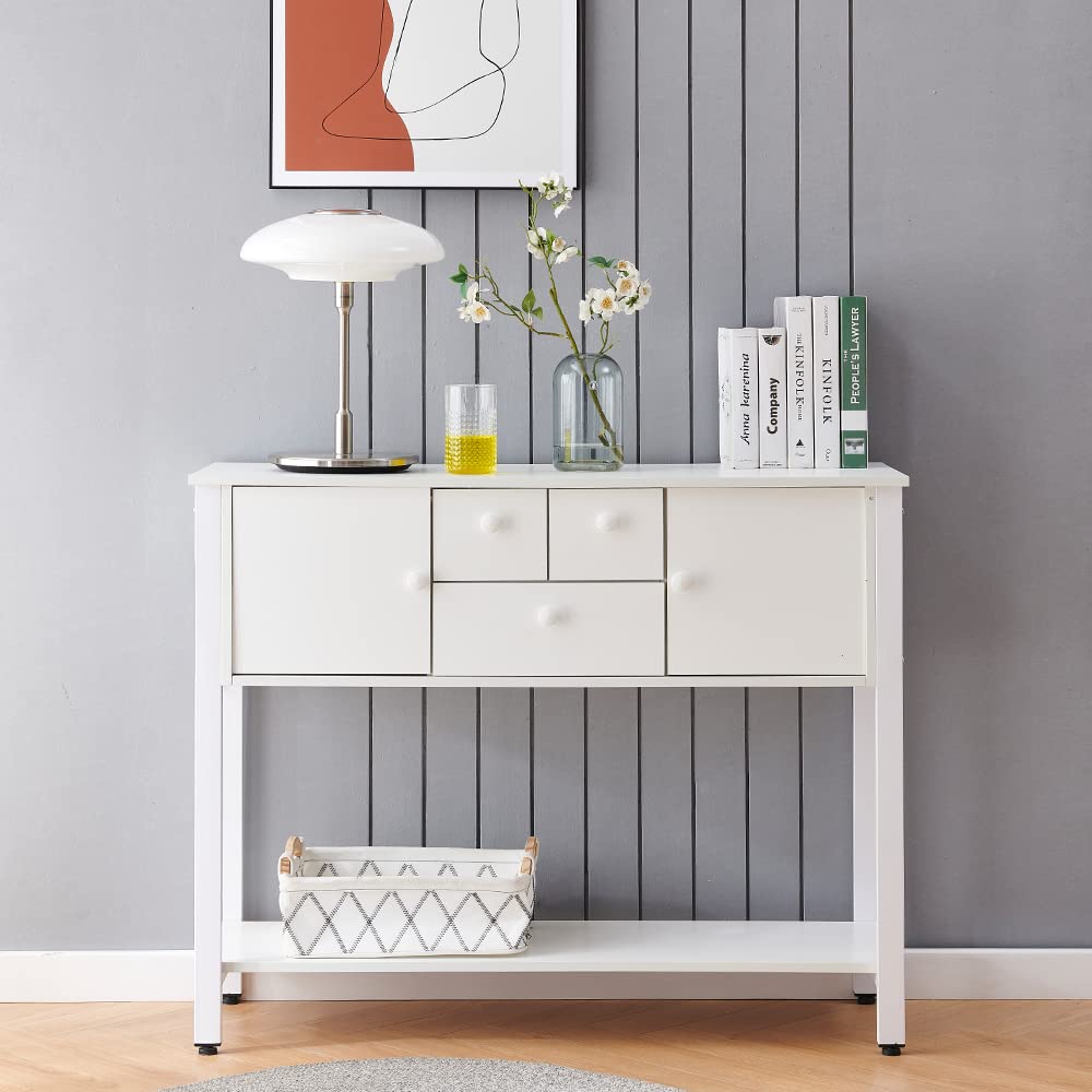 Modern White Wooden Console Table with Metal Frame - 3 Drawers & 2 Cabinets - Entryway Sofa Table for Living Room, Hallway, Bedroom - Solid White Finish for Home Decor & Small Space Organization