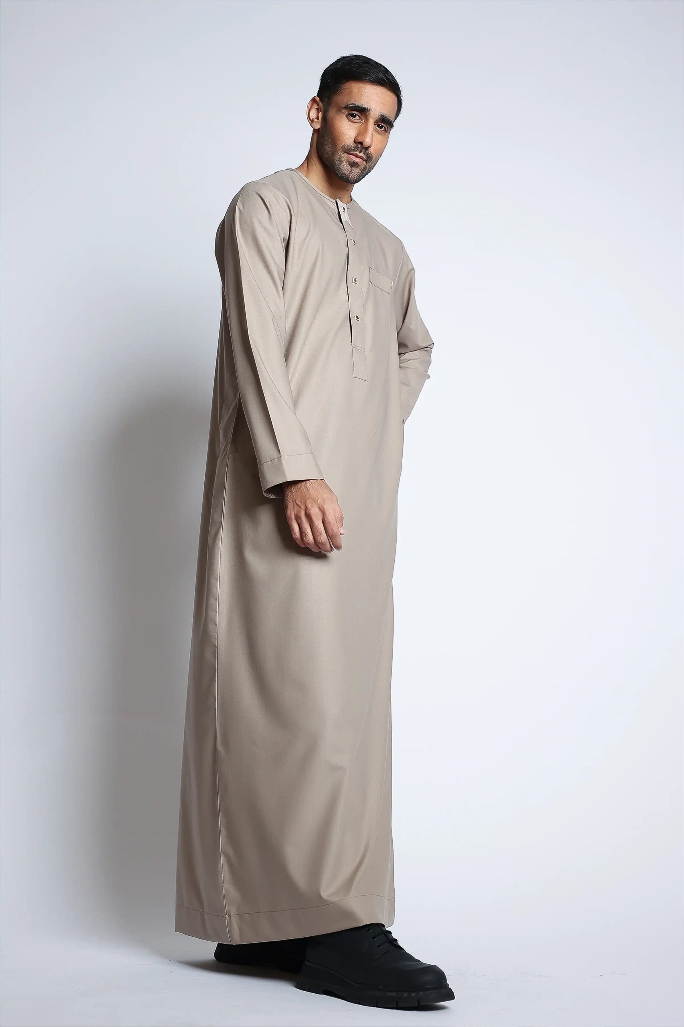 Premium J145 C1 Pearl Oyster Omani Thobe - Traditional Embroidered Arabic Dress for Men - Perfect for Eid, Weddings & Special Occasions