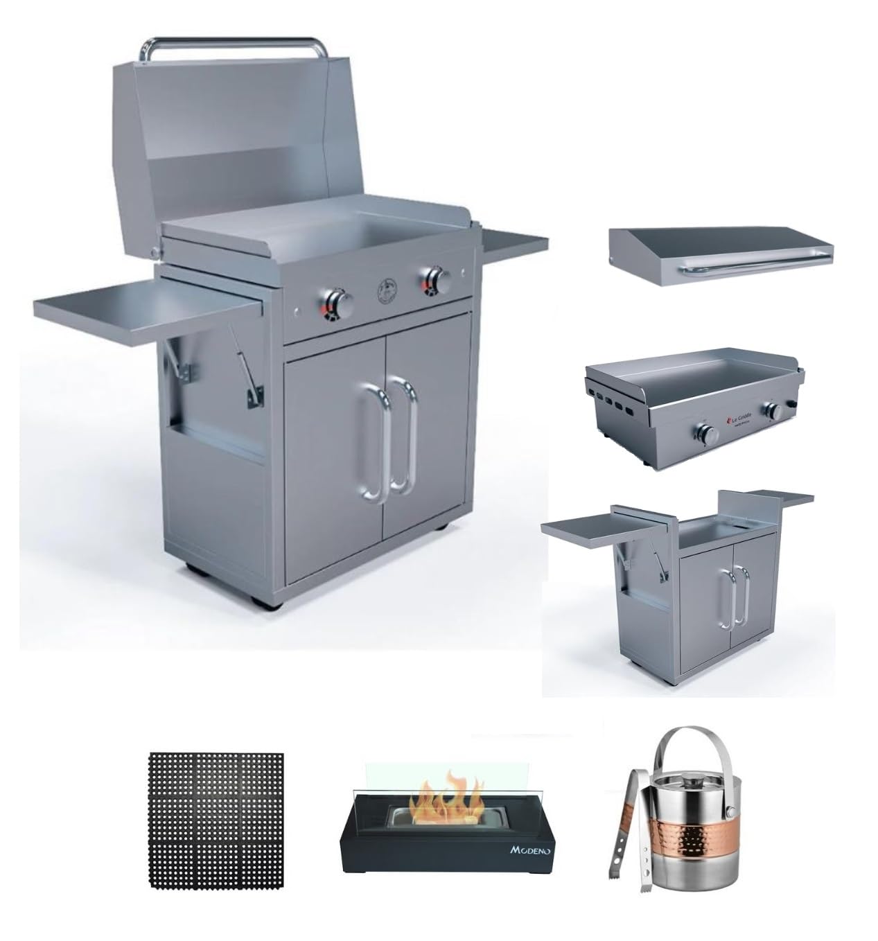 AMS Fireplace Le Griddle - Built-In Propane Gas Griddle with Stainless Steel Lid, Freestanding Cart, Rubber Wheels & Folding Shelves | Outdoor Cooking, Camping, Tailgating & Backyard BBQ