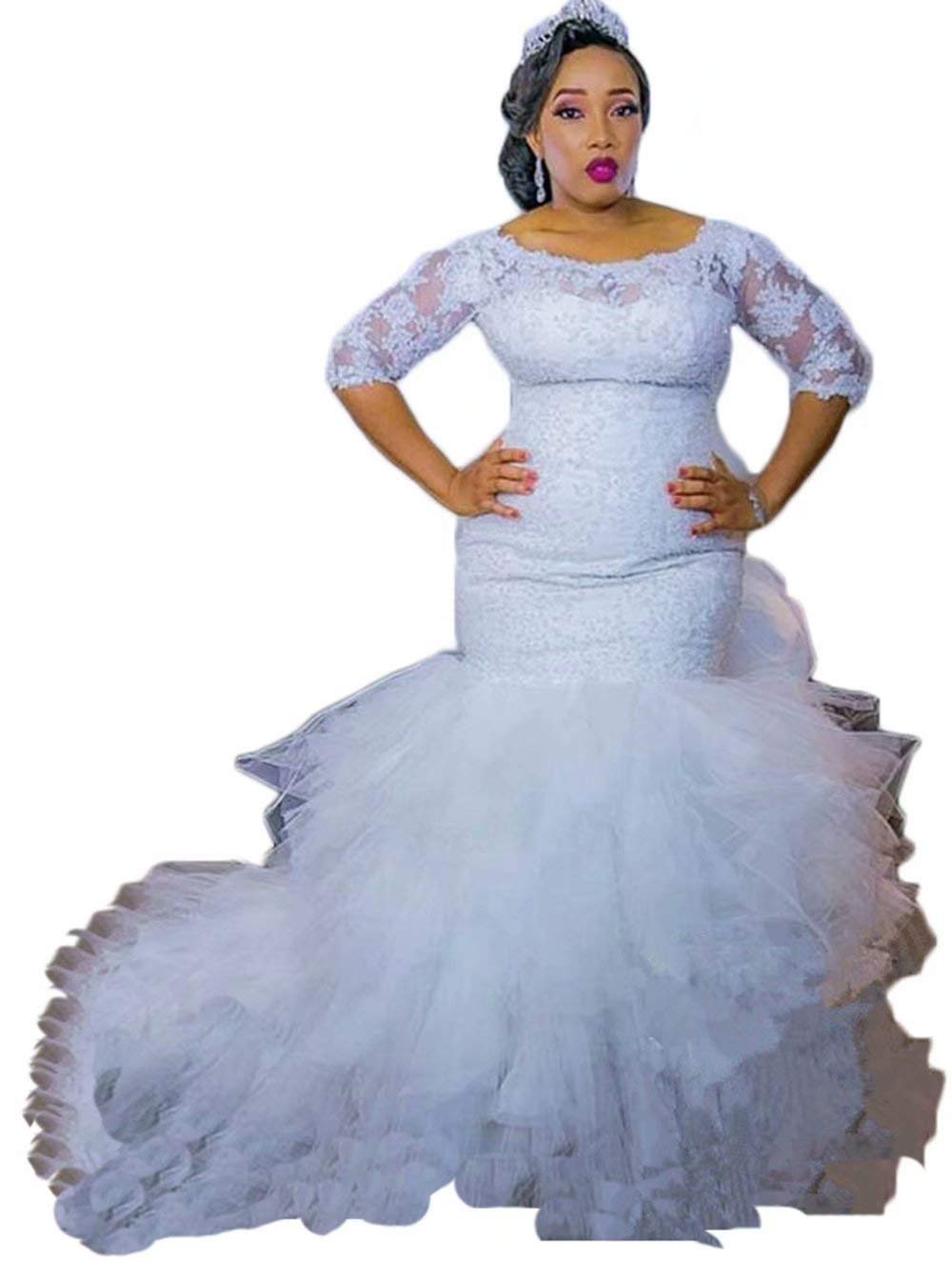 Elegant Mermaid Wedding Dresses for Bride - Half Sleeves Lace Beaded Ruffles Bridal Gowns - Plus Size A-Line Formal Gowns - Perfect for Beach Weddings, Church Ceremonies & Romantic Photoshoots