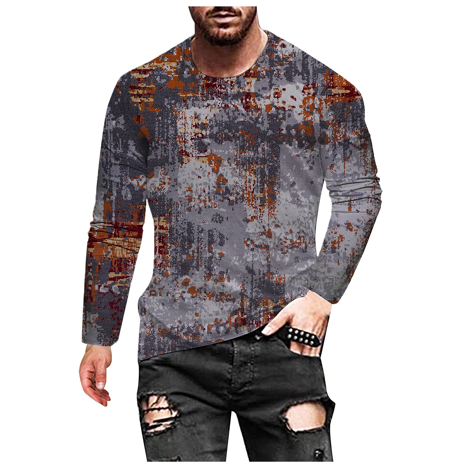 ZHDD Men's Long Sleeve T-Shirt - Vintage Abstract Art Print Crewneck Tee for Fall Streetwear & Workout | Casual Wear, Gym, Outdoor Activities