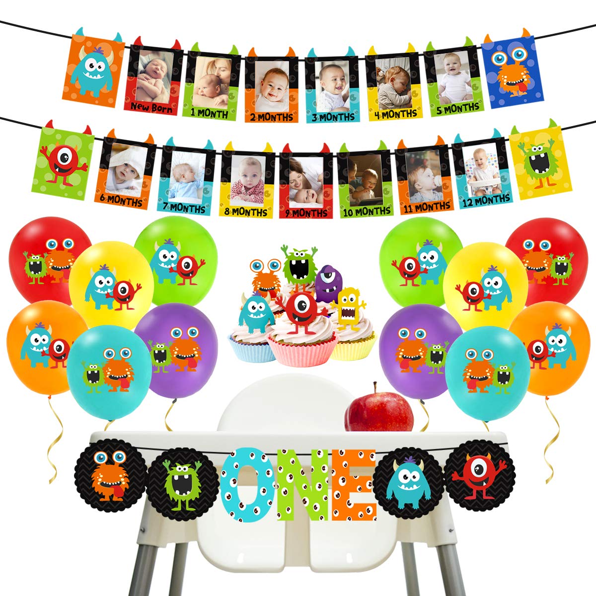 Monster 1st Birthday Party Decorations Kit - Photo Banner, Balloons & Cupcake Toppers for Baby Boy/Girl Birthday Supplies | Perfect for Monster Themed Birthday Parties, Baby Showers & Nursery Decor